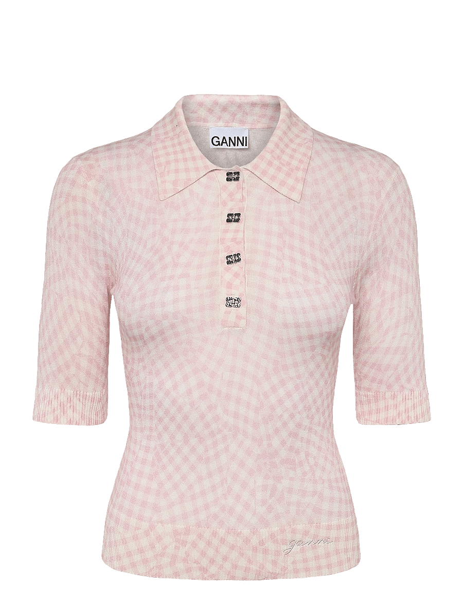 Ganni - Sheer Cotton Printed Polo - pullover - pink - 0