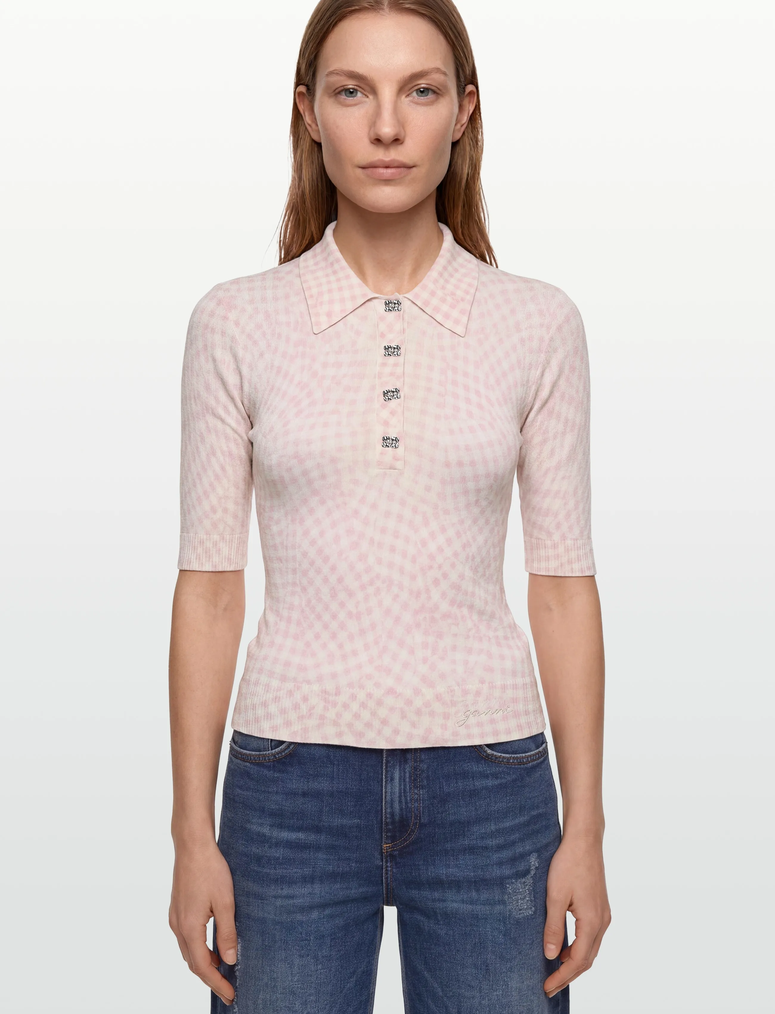 Ganni - Sheer Cotton Printed Polo - pullover - pink - 3