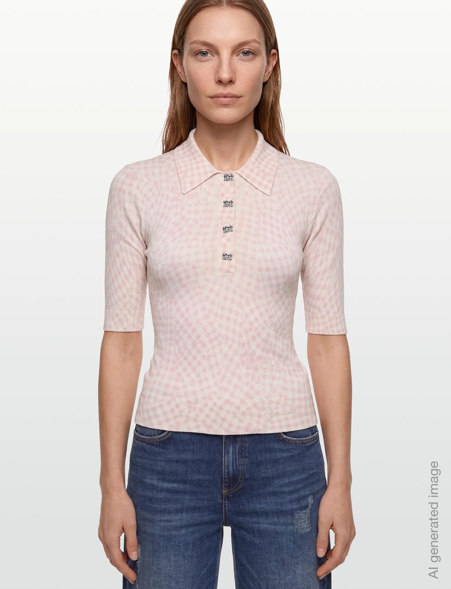Ganni - Sheer Cotton Printed Polo - pullover - pink - 3