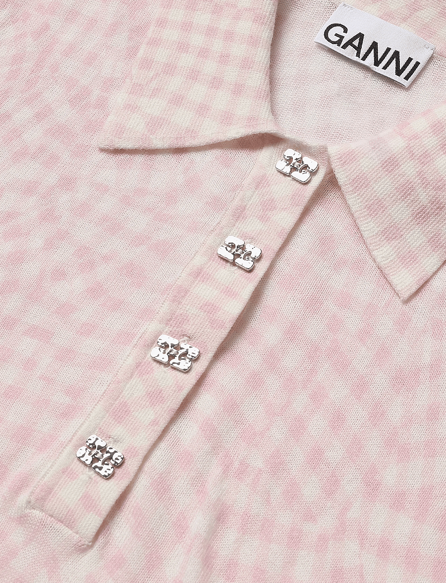 Ganni - Sheer Cotton Printed Polo - pullover - pink - 2