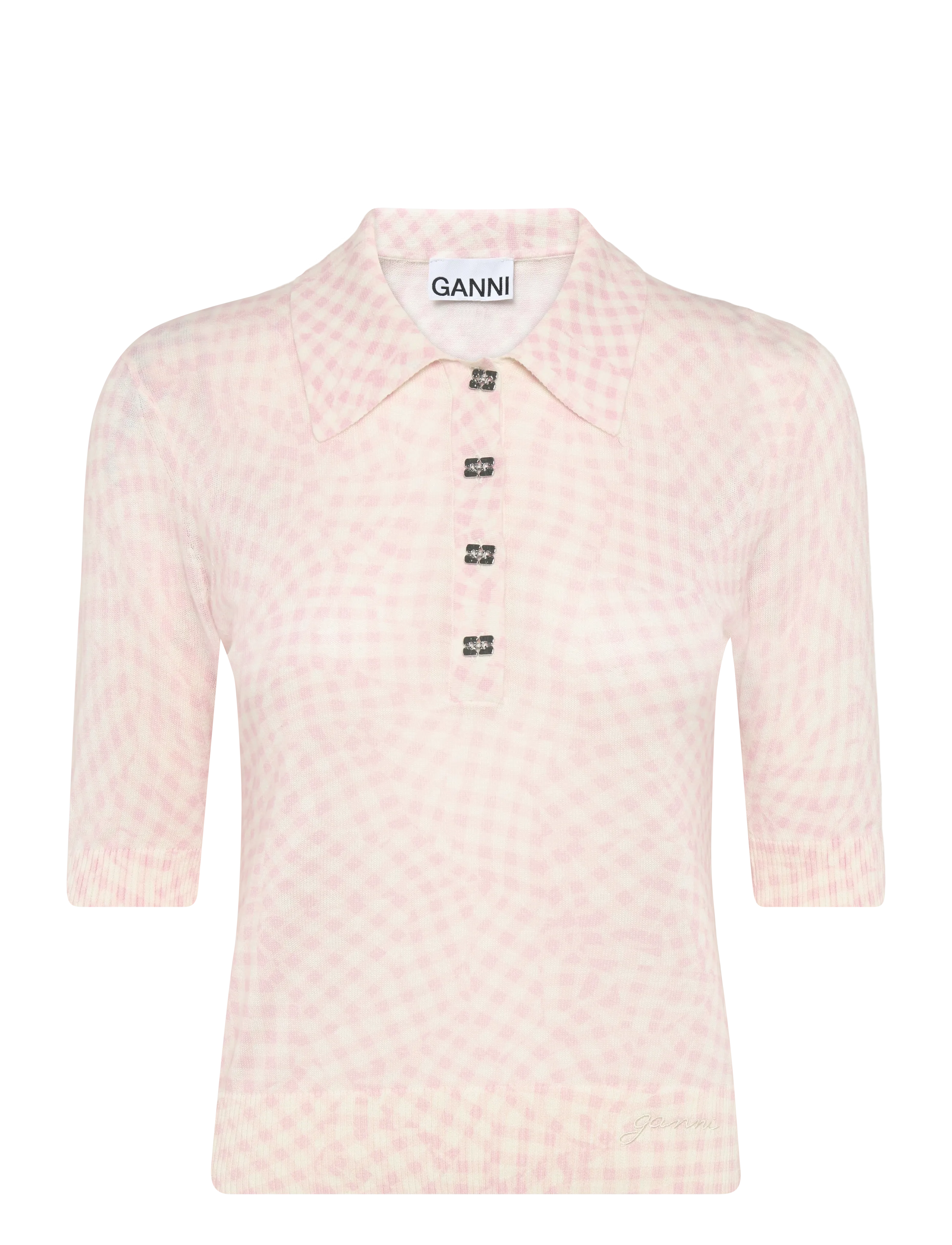 Ganni Sheer Cotton Printed Polo - T-shirts - PINK / pink/rose