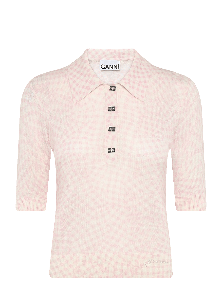 Ganni - Sheer Cotton Printed Polo - poloshirts - pink - 1