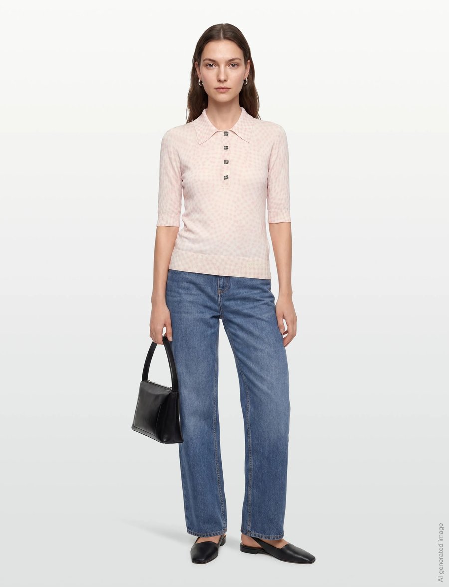 Ganni - Sheer Cotton Printed Polo - poloshirts - pink - 0