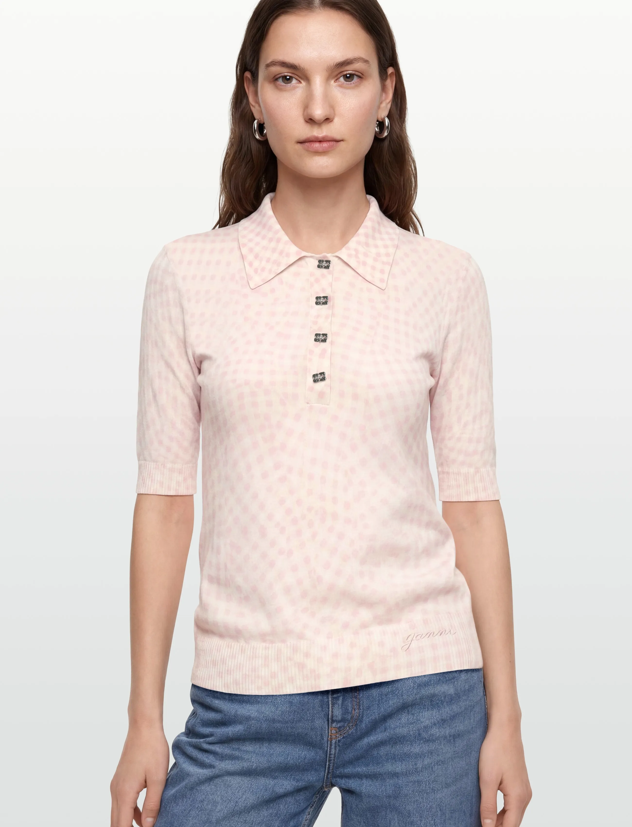 Ganni - Sheer Cotton Printed Polo - poloshirts - pink - 3
