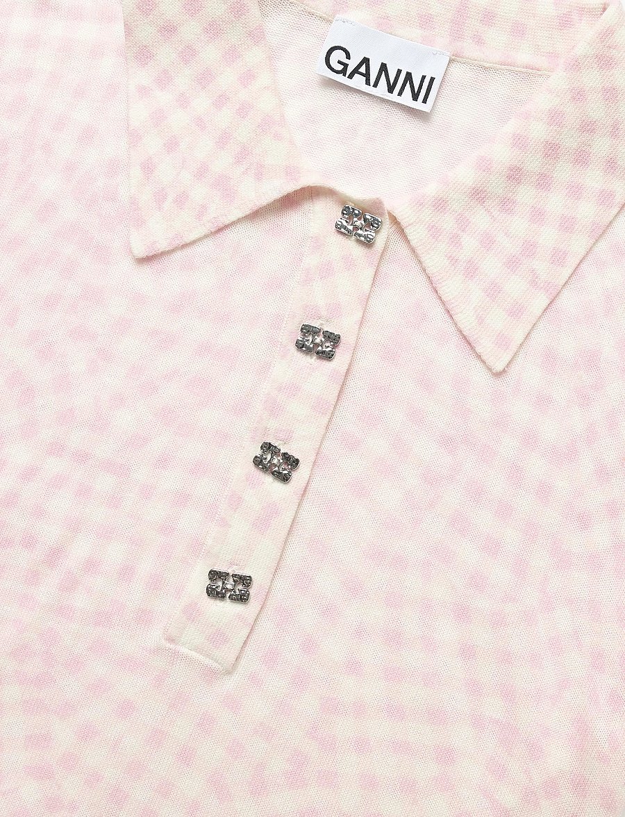 Ganni - Sheer Cotton Printed Polo - poloshirts - pink - 5