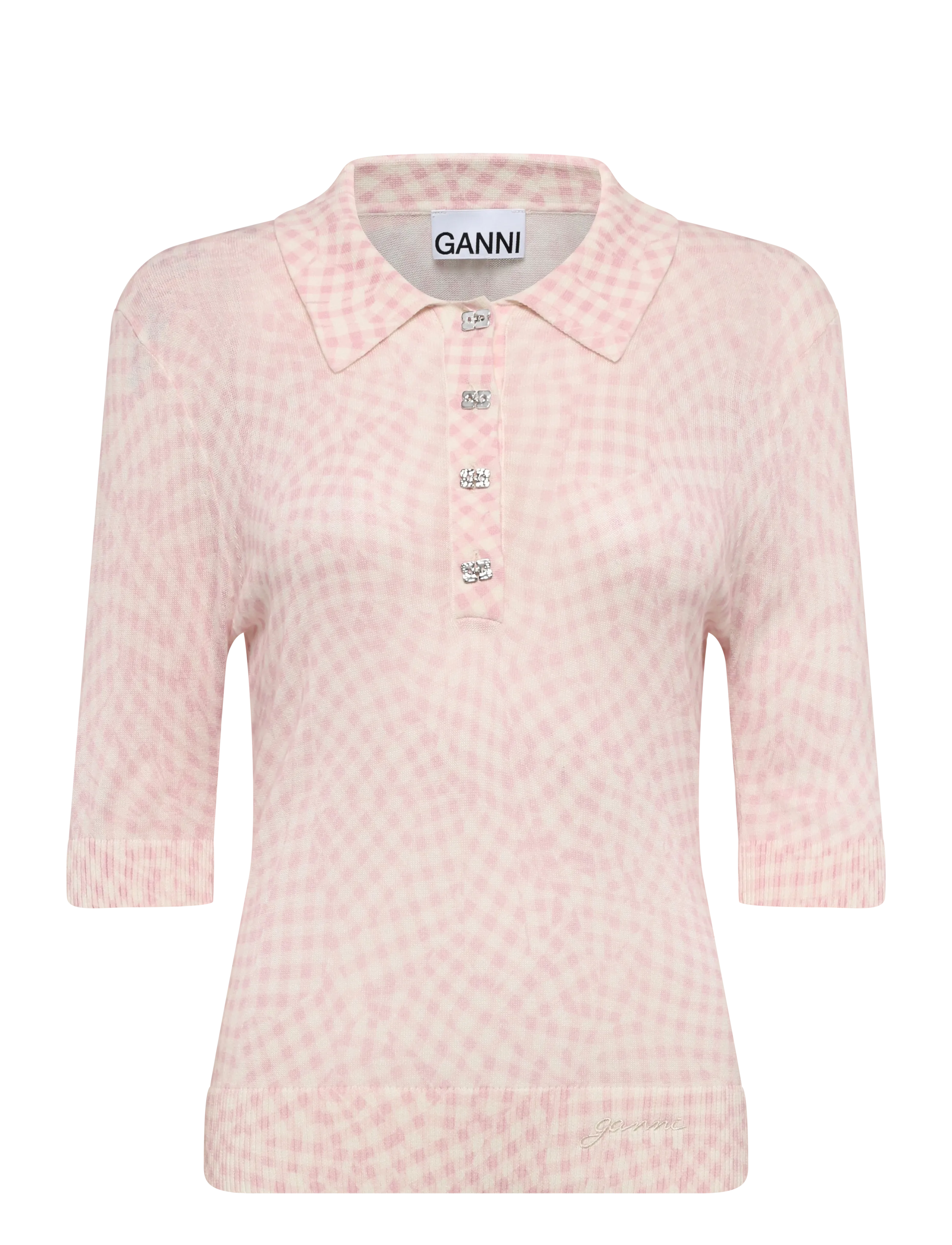 Ganni Sheer Cotton Printed Polo - Transitional Layering - PINK / pink/rose