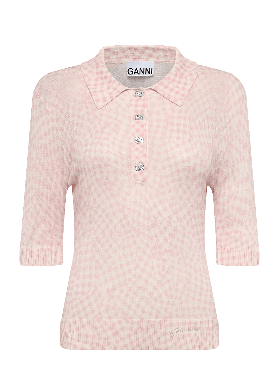 Ganni - Sheer Cotton Printed Polo - stickade tröjor - pink - 0
