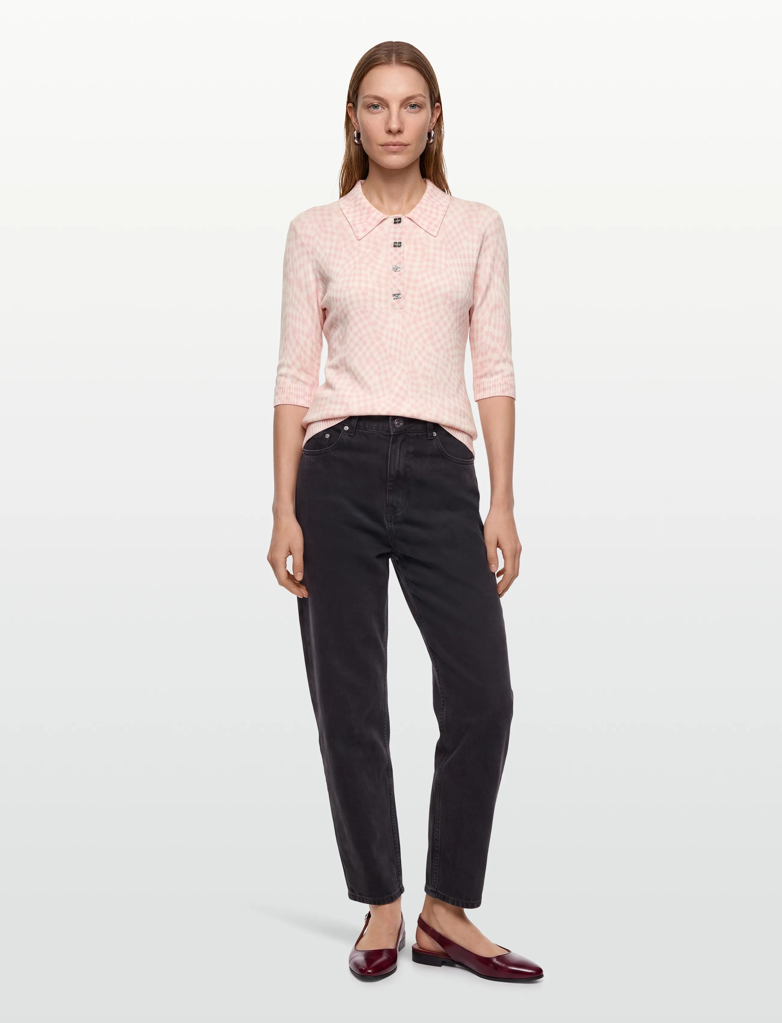 Ganni Sheer Cotton Printed Polo - GANNI - PINK / pink/rose