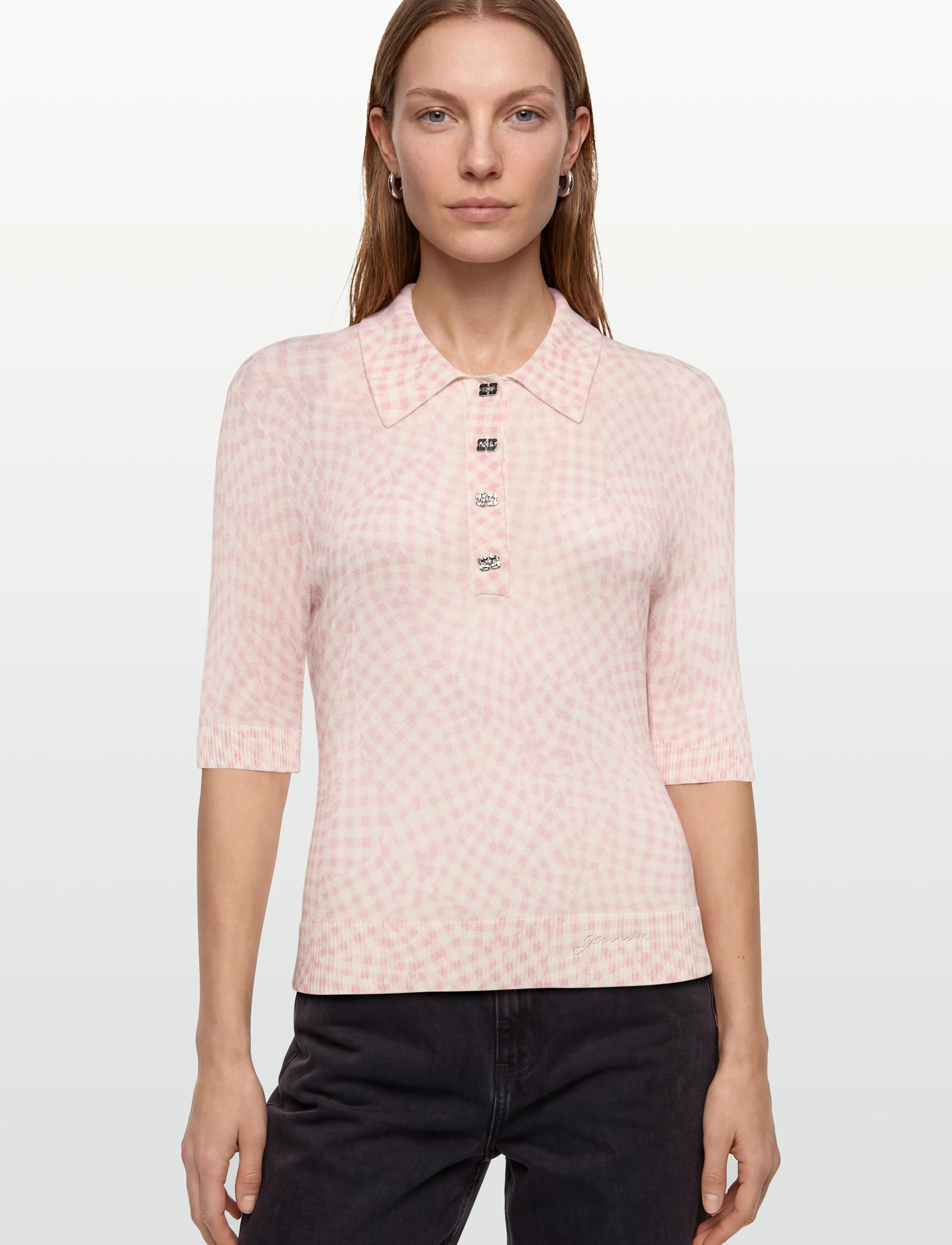 Ganni - Sheer Cotton Printed Polo - swetry - pink - 3
