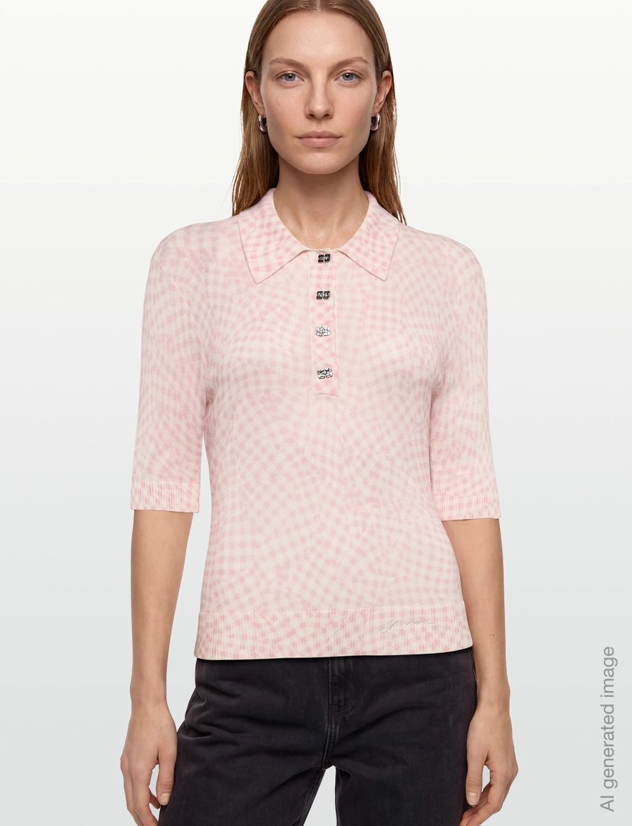 Ganni - Sheer Cotton Printed Polo - swetry - pink - 3