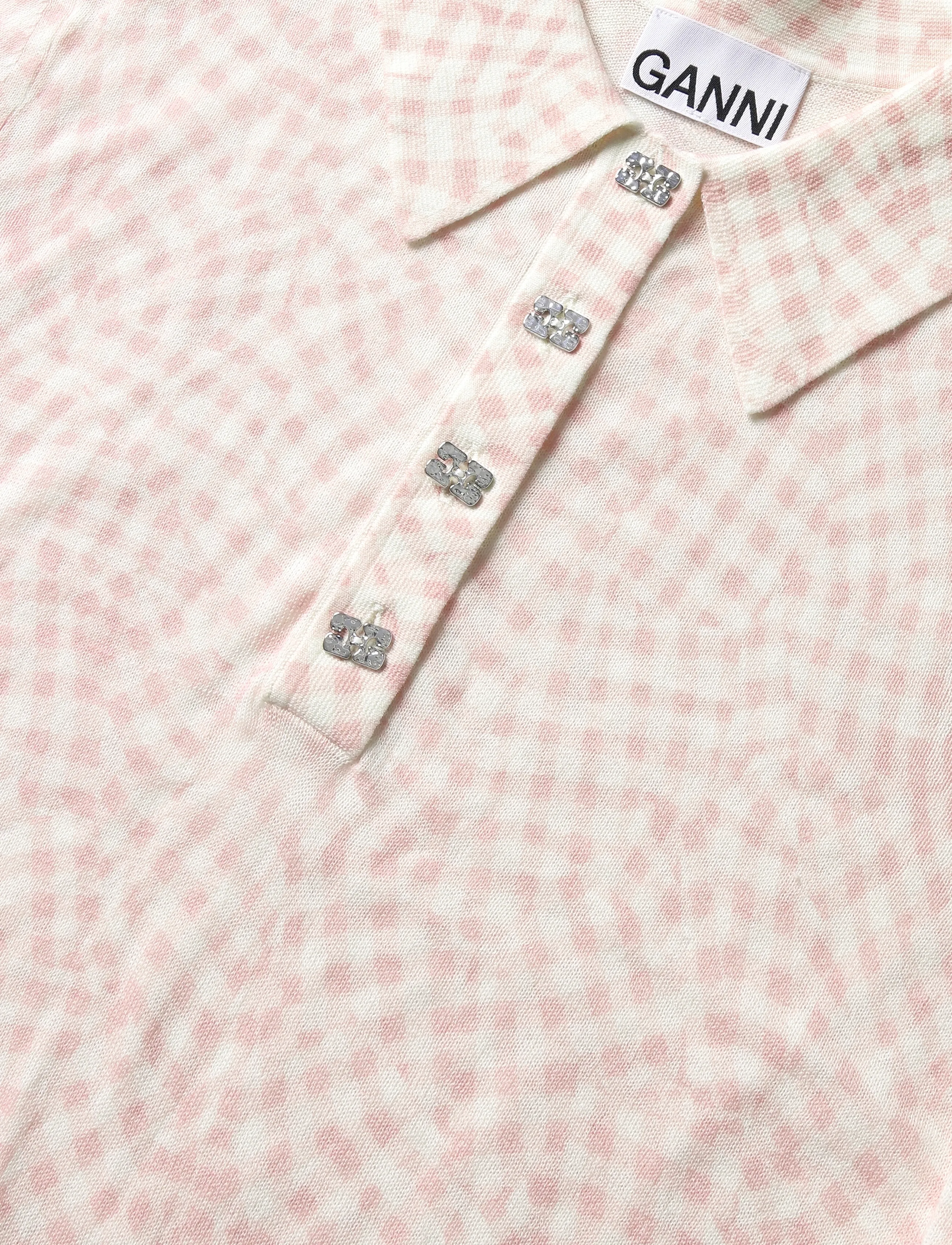 Ganni - Sheer Cotton Printed Polo - stickade tröjor - pink - 2