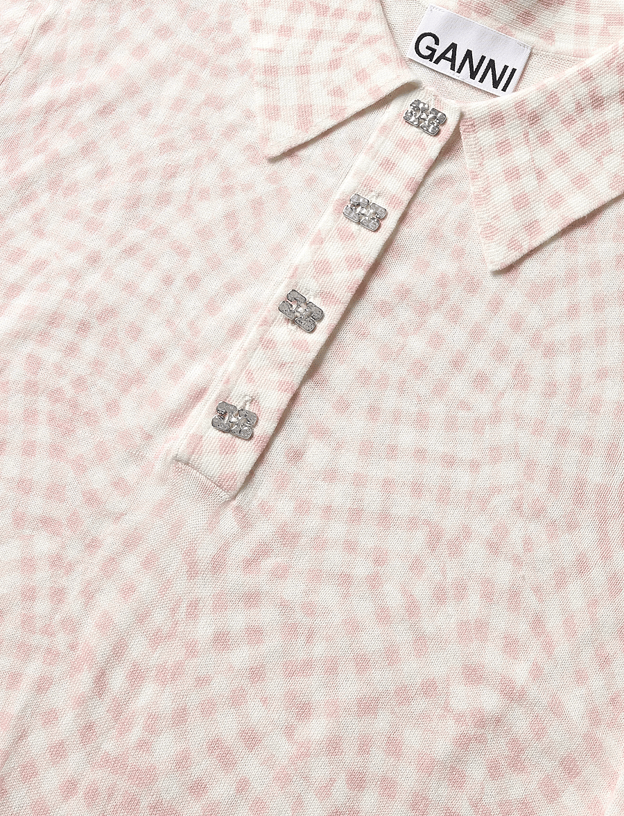 Ganni - Sheer Cotton Printed Polo - stickade tröjor - pink - 2