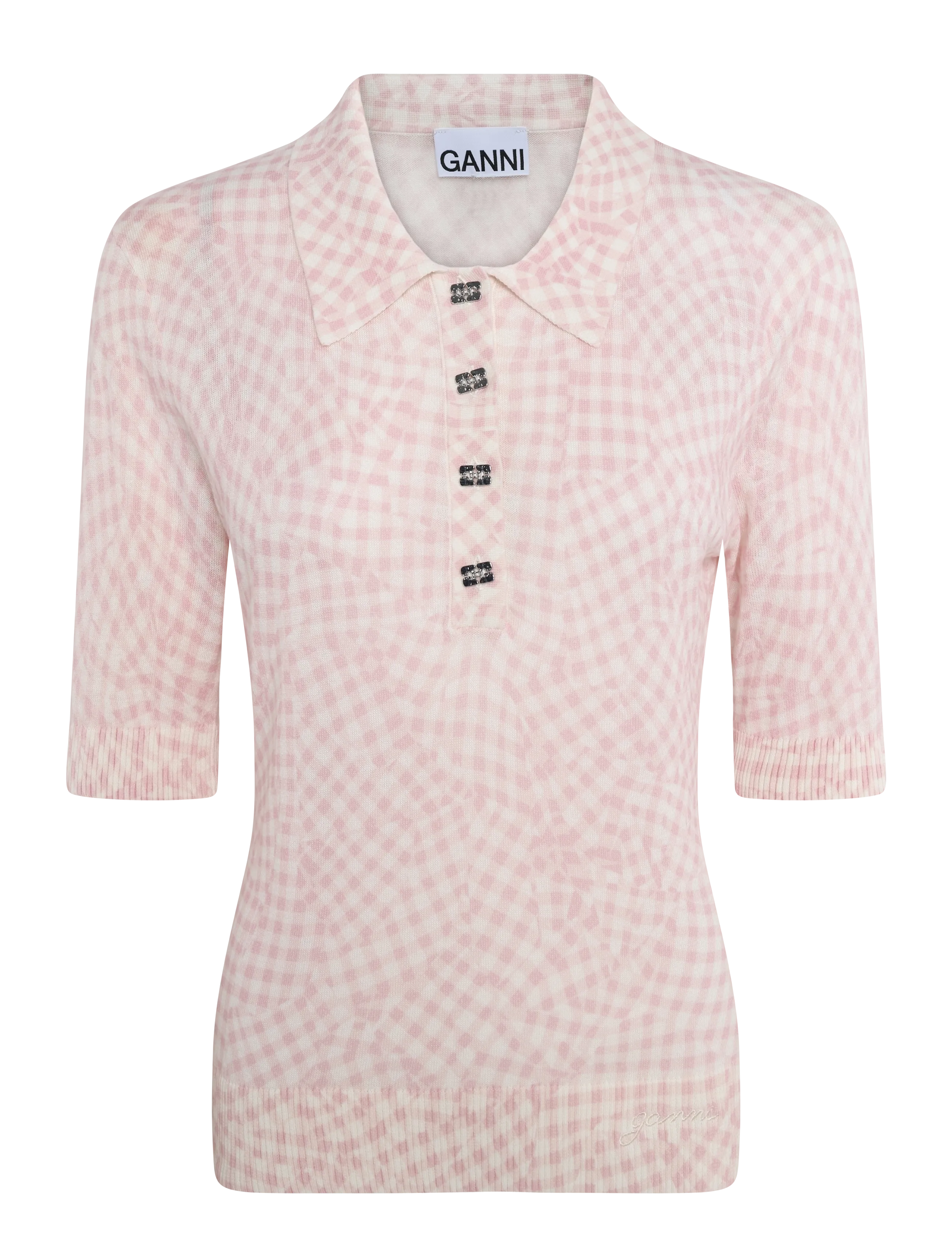 Ganni Sheer Cotton Printed Polo - T-shirts & Tops - PINK / pink/rose