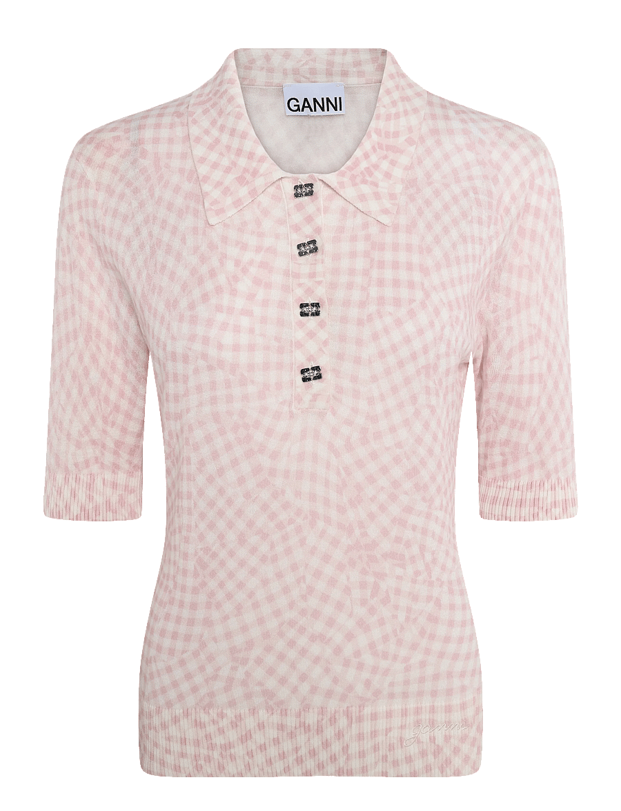 Ganni - Sheer Cotton Printed Polo - kurzärmlige hemden - pink - 0