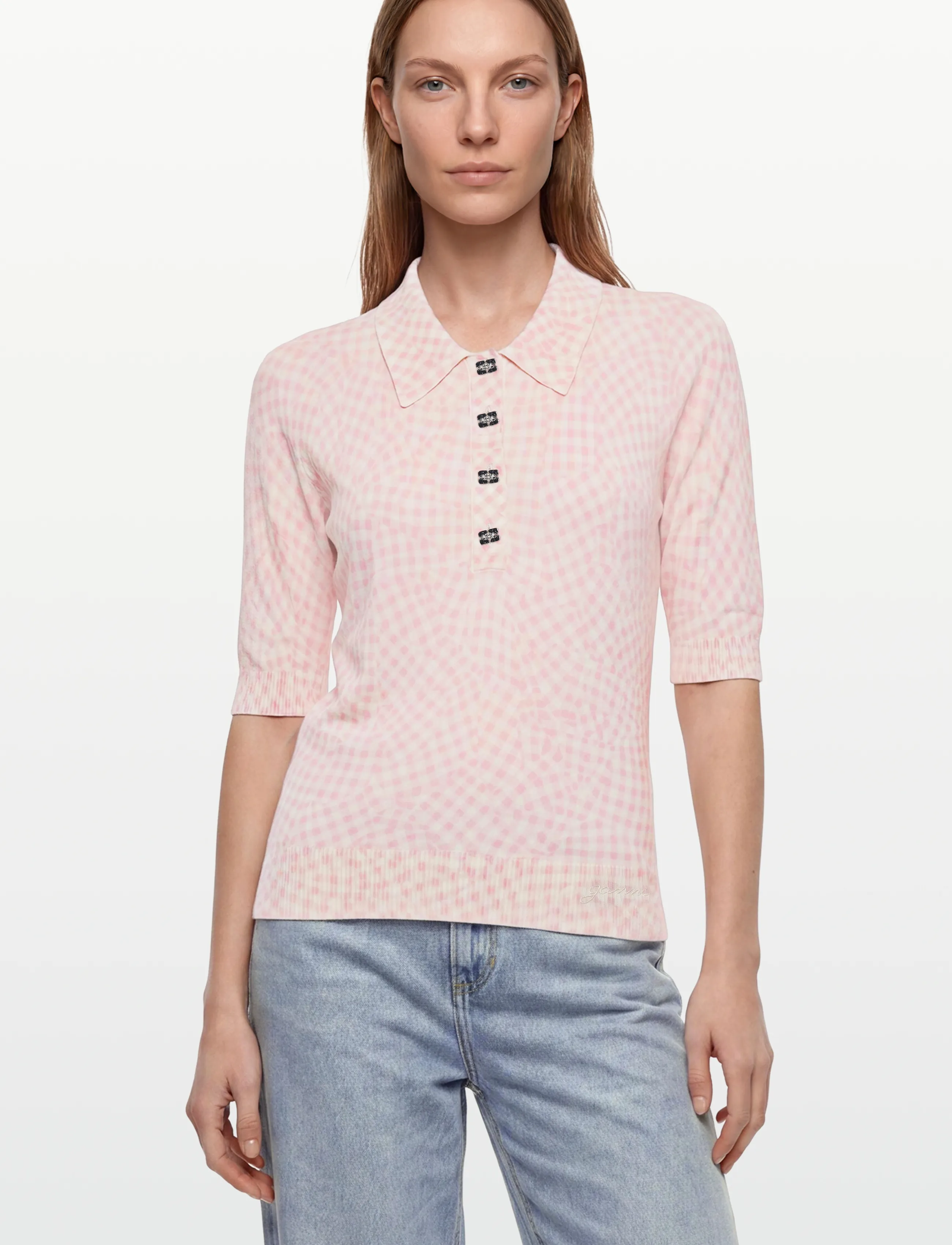 Ganni - Sheer Cotton Printed Polo - kortærmede skjorter - pink - 3