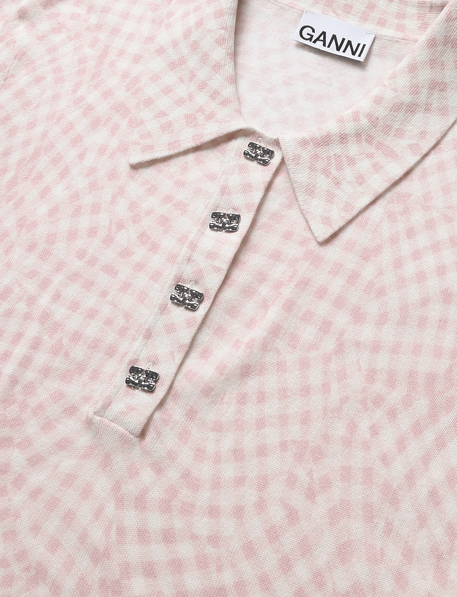 Ganni - Sheer Cotton Printed Polo - kurzärmlige hemden - pink - 2