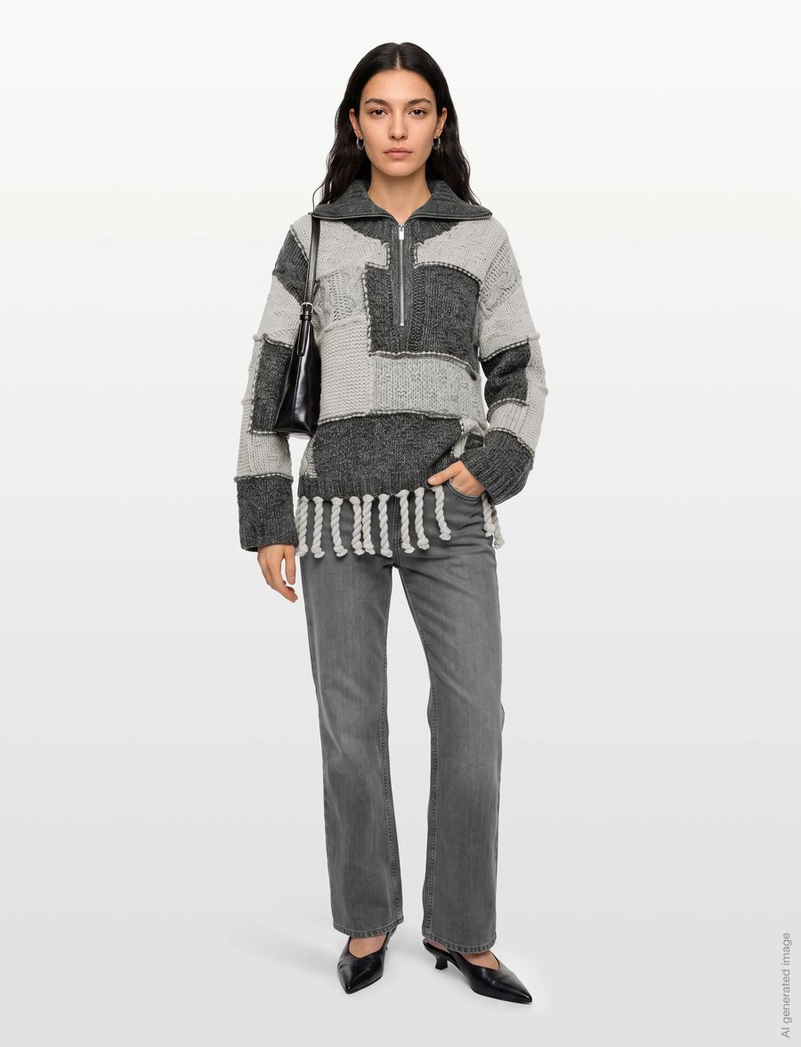 Ganni - Patchwork Fringe Sweater - stickade tröjor - multicolored - 0