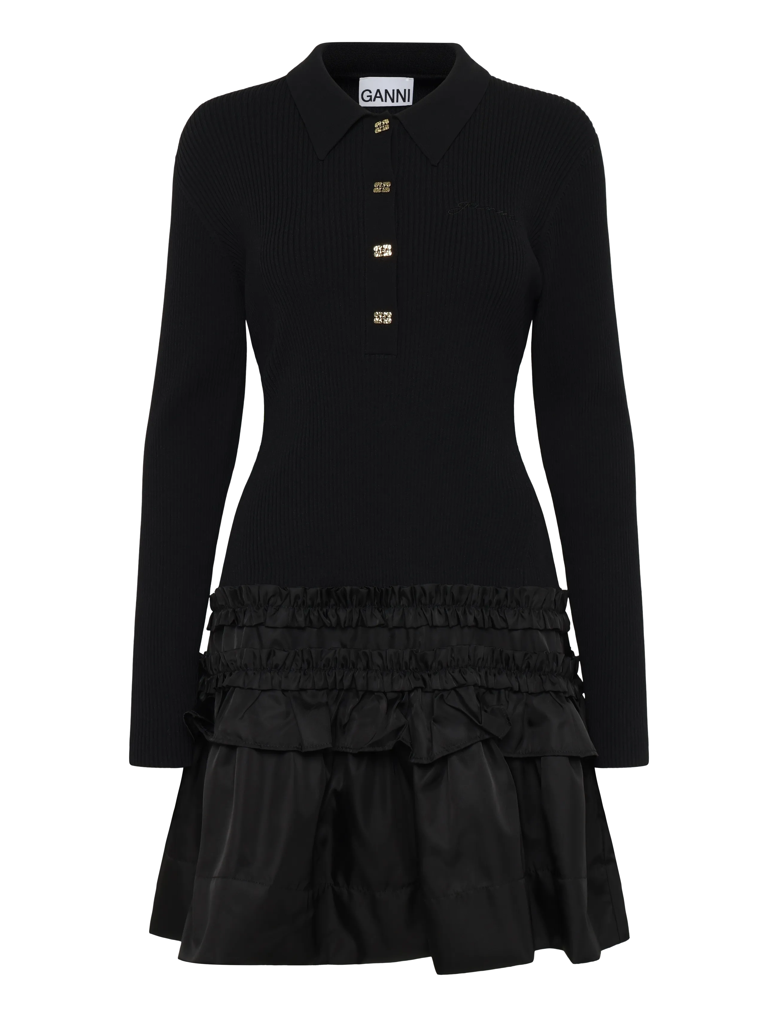 Ganni - Mini Dress In Rib Knit Ruffle - black - 1