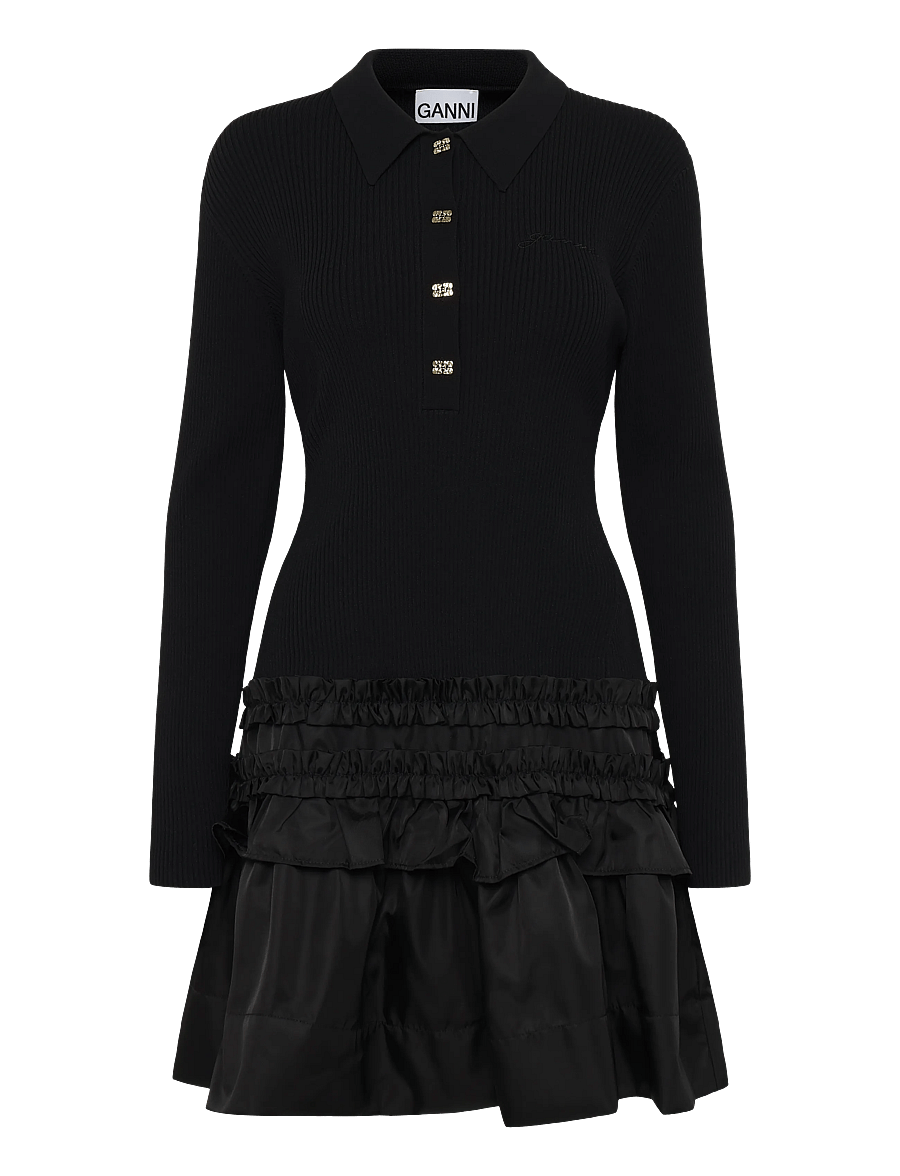 Ganni - Mini Dress In Rib Knit Ruffle - black - 1
