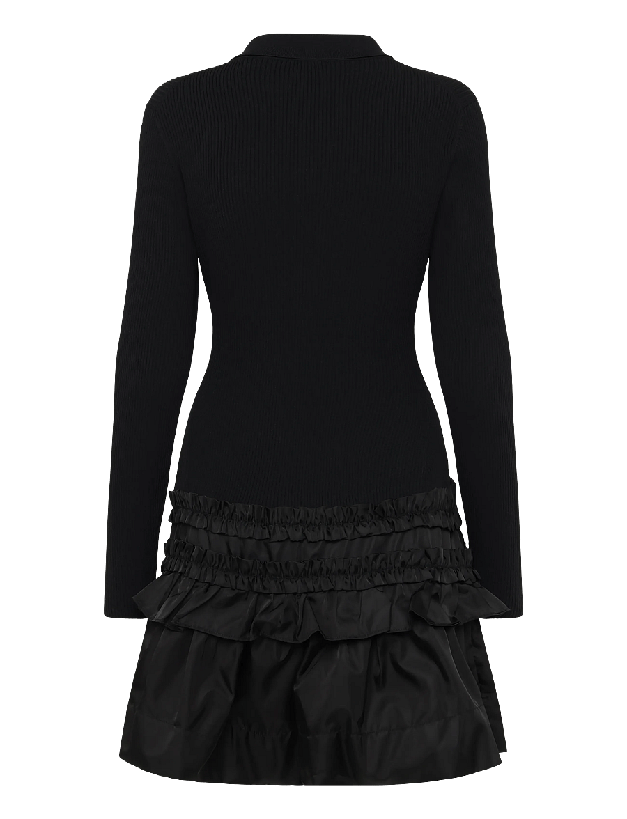 Ganni - Mini Dress In Rib Knit Ruffle - black - 2