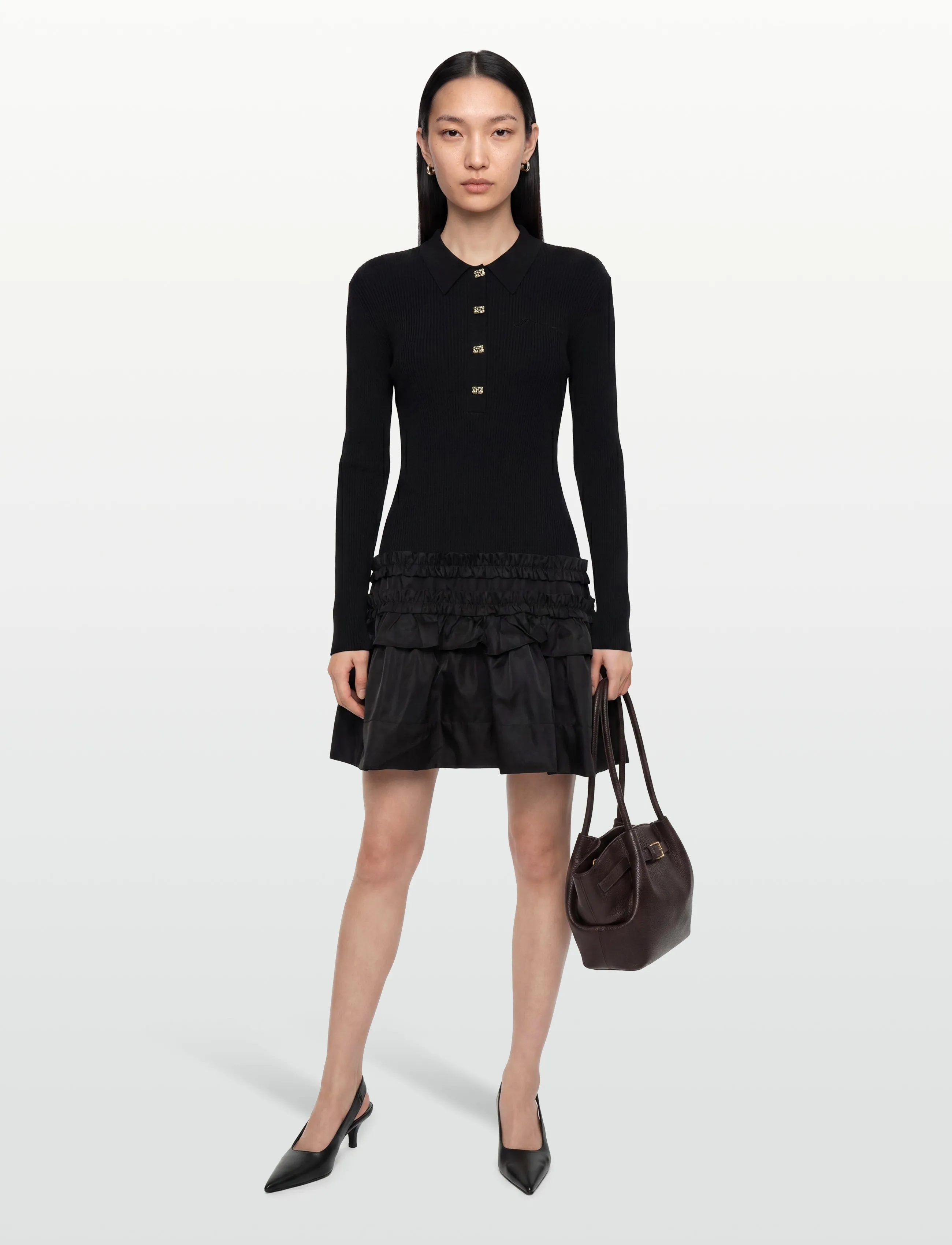 Ganni Mini Dress In Rib Knit Ruffle, XS, Dresses, Schwarz - Short Dress, Frauen