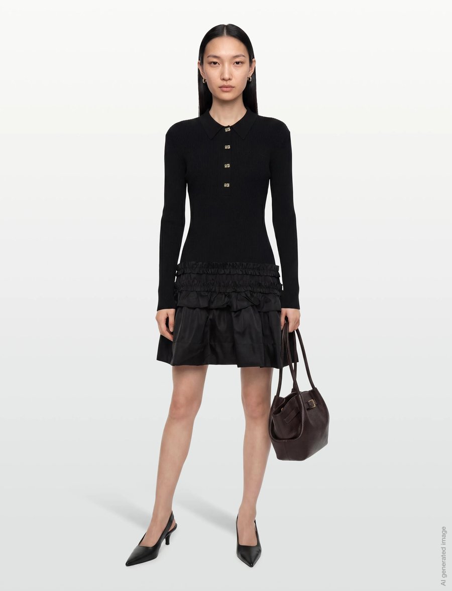 Ganni - Mini Dress In Rib Knit Ruffle - black - 0