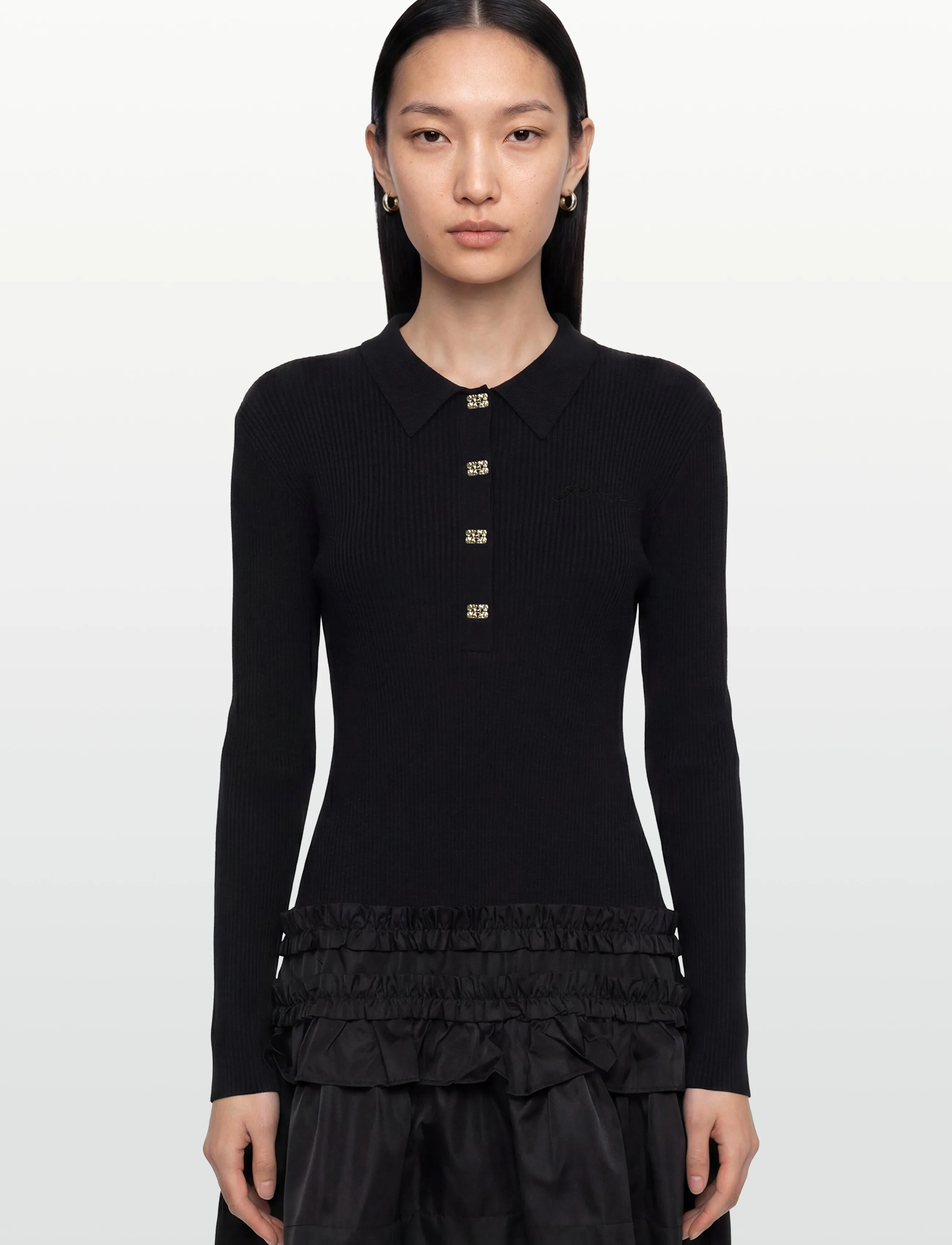 Ganni - Mini Dress In Rib Knit Ruffle - black - 3