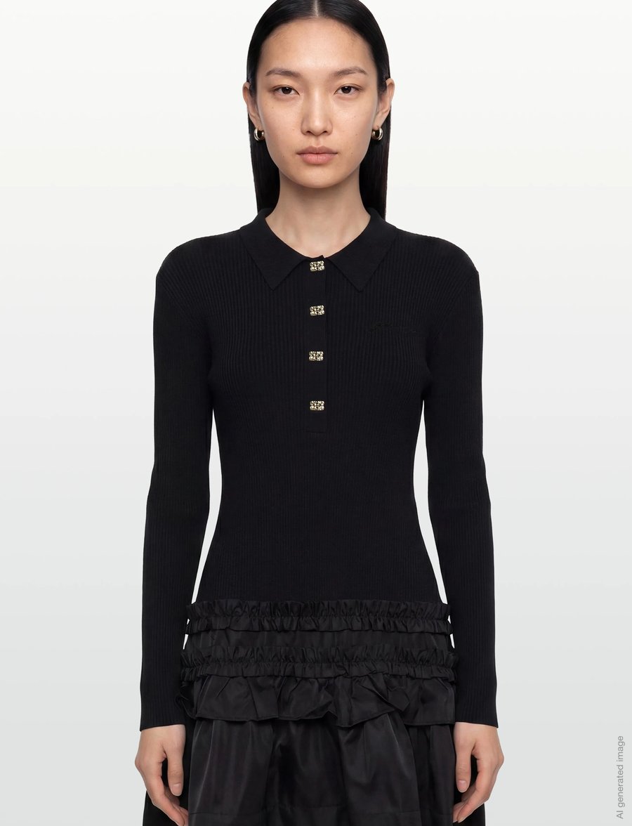 Ganni - Mini Dress In Rib Knit Ruffle - black - 3