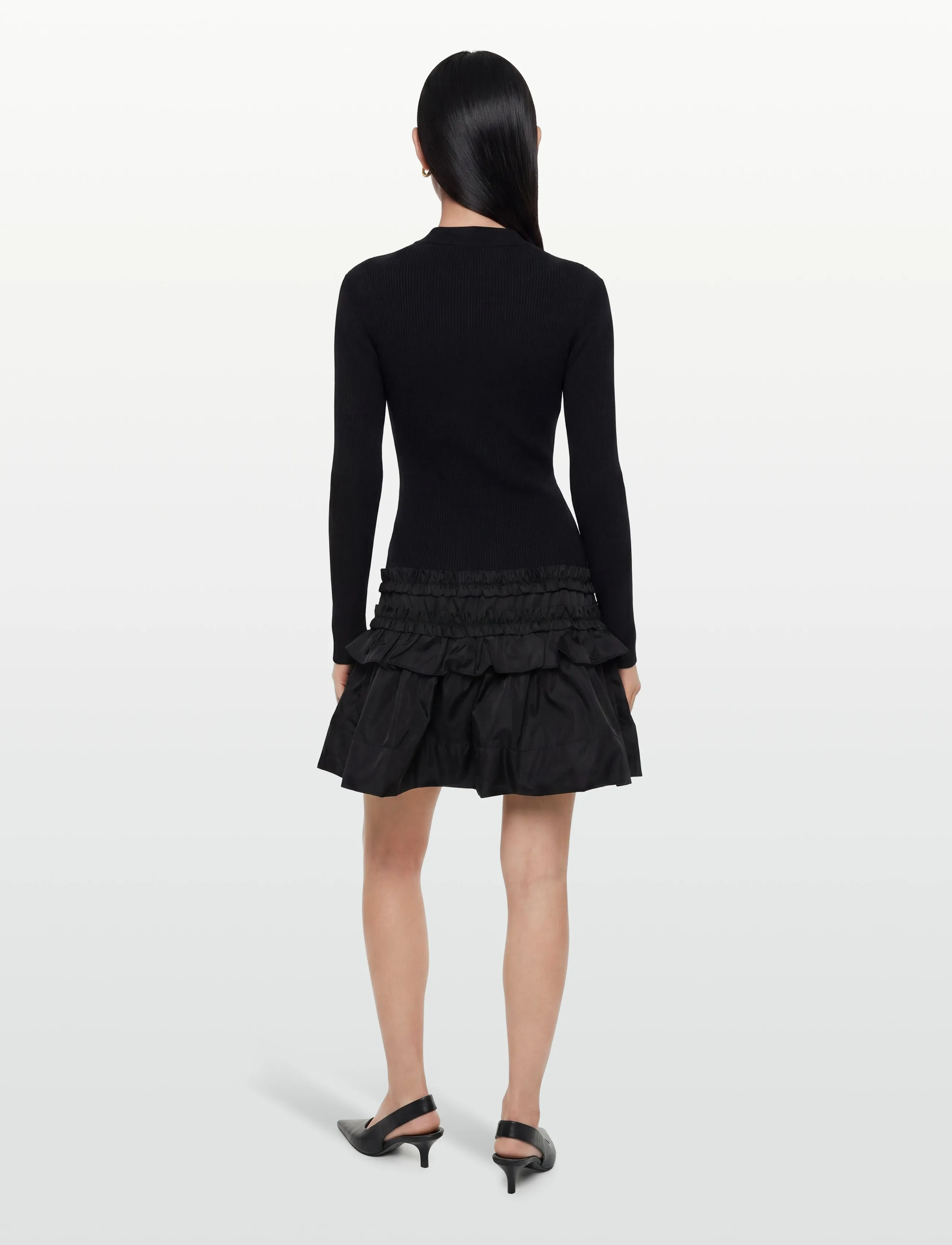 Ganni - Mini Dress In Rib Knit Ruffle - black - 4