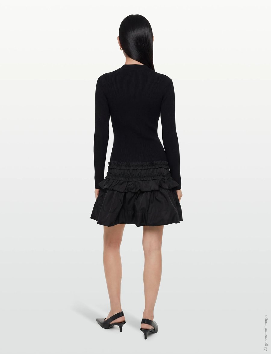 Ganni - Mini Dress In Rib Knit Ruffle - black - 4