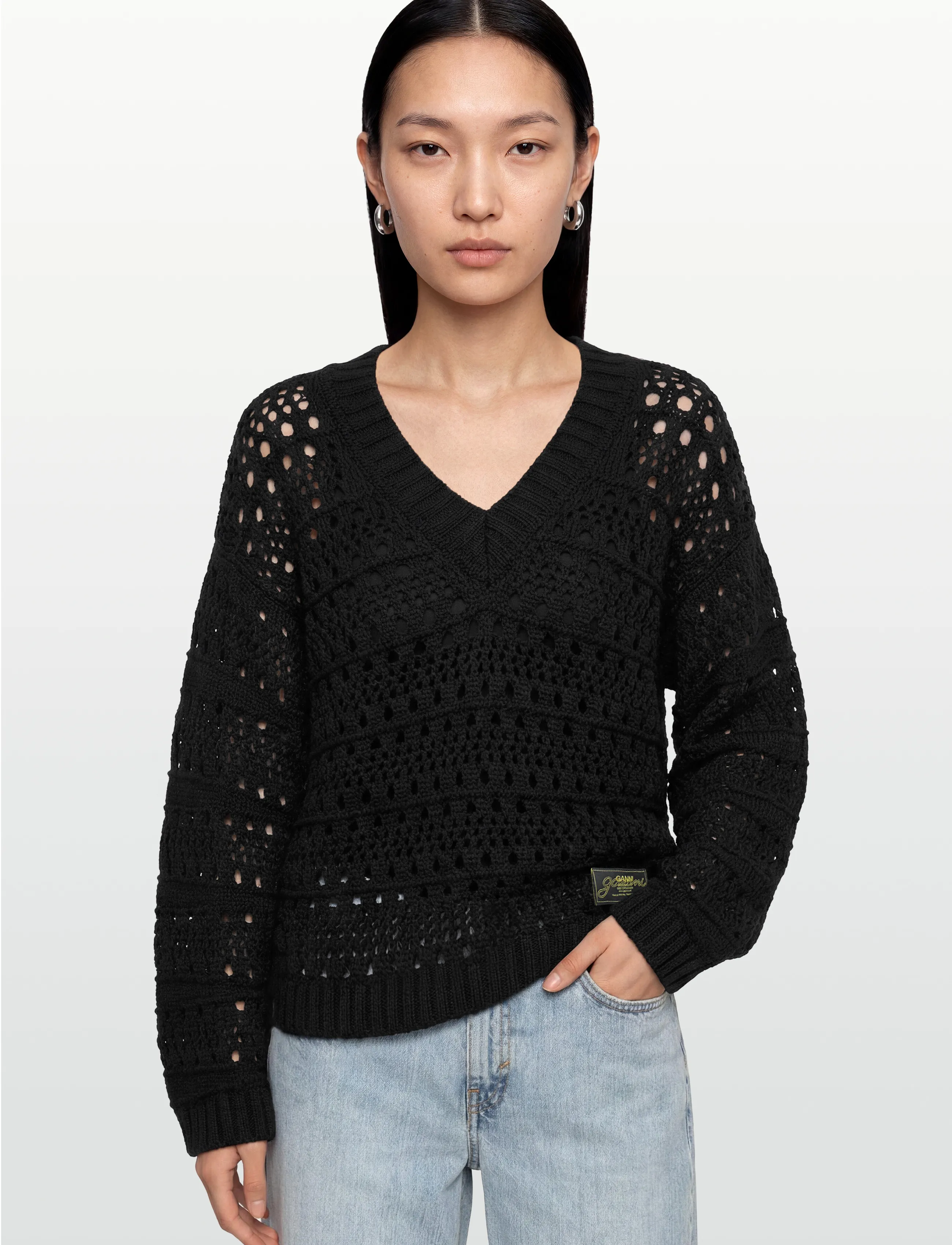 Ganni - Open-knit sweater - striktrøjer - black - 3