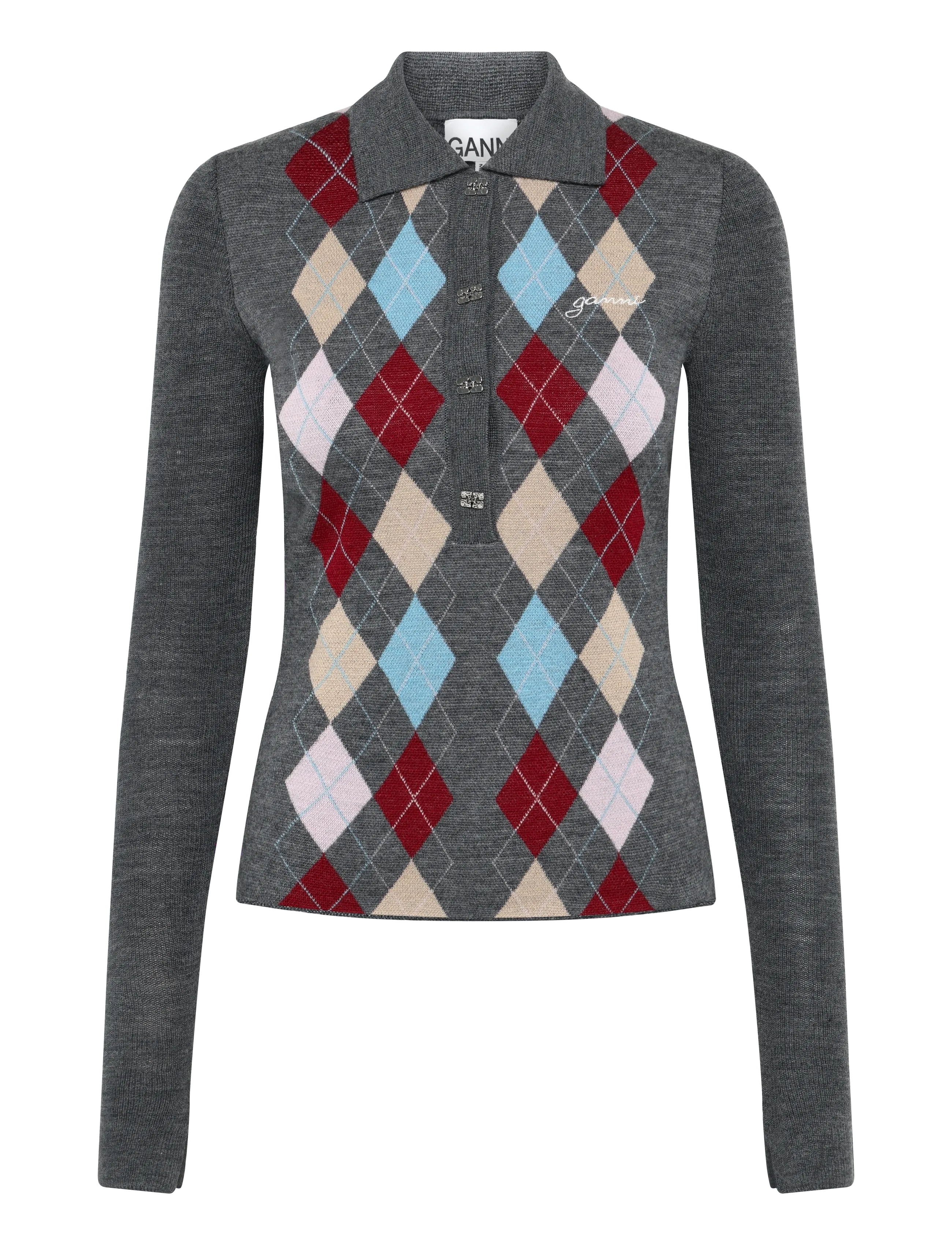 Ganni Paloma Merino Jacquard Polo Top - T-Shirts & Tops - MULTICOLORED / grey
