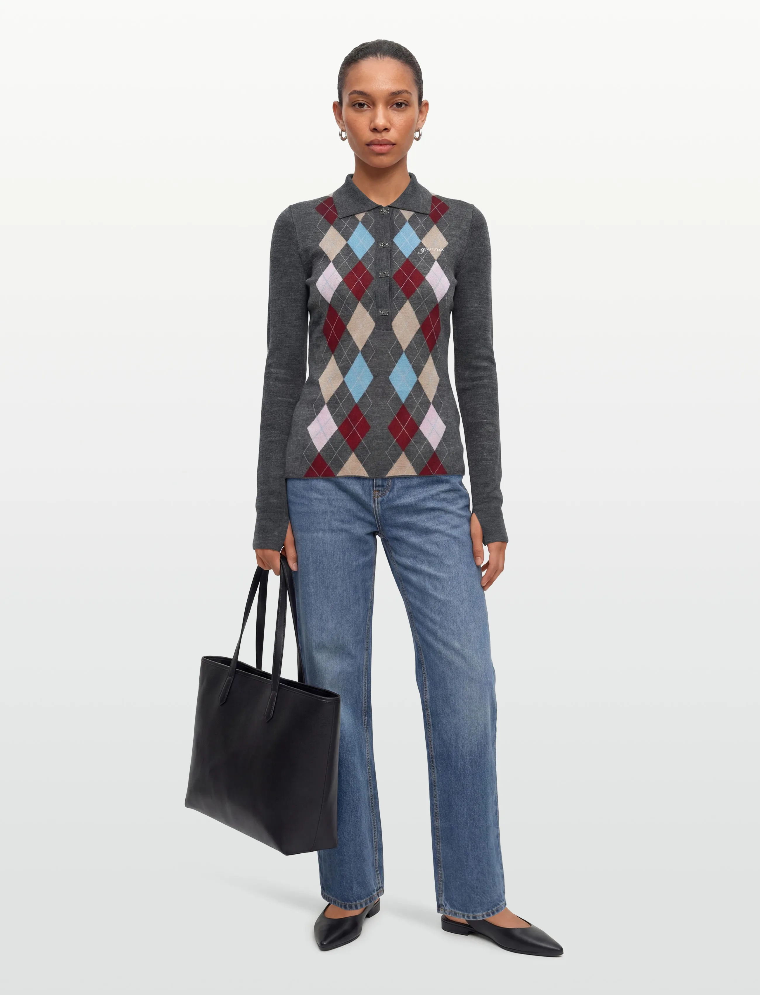 Ganni - Paloma Merino Jacquard Polo Top - pullover - multicolored - 0