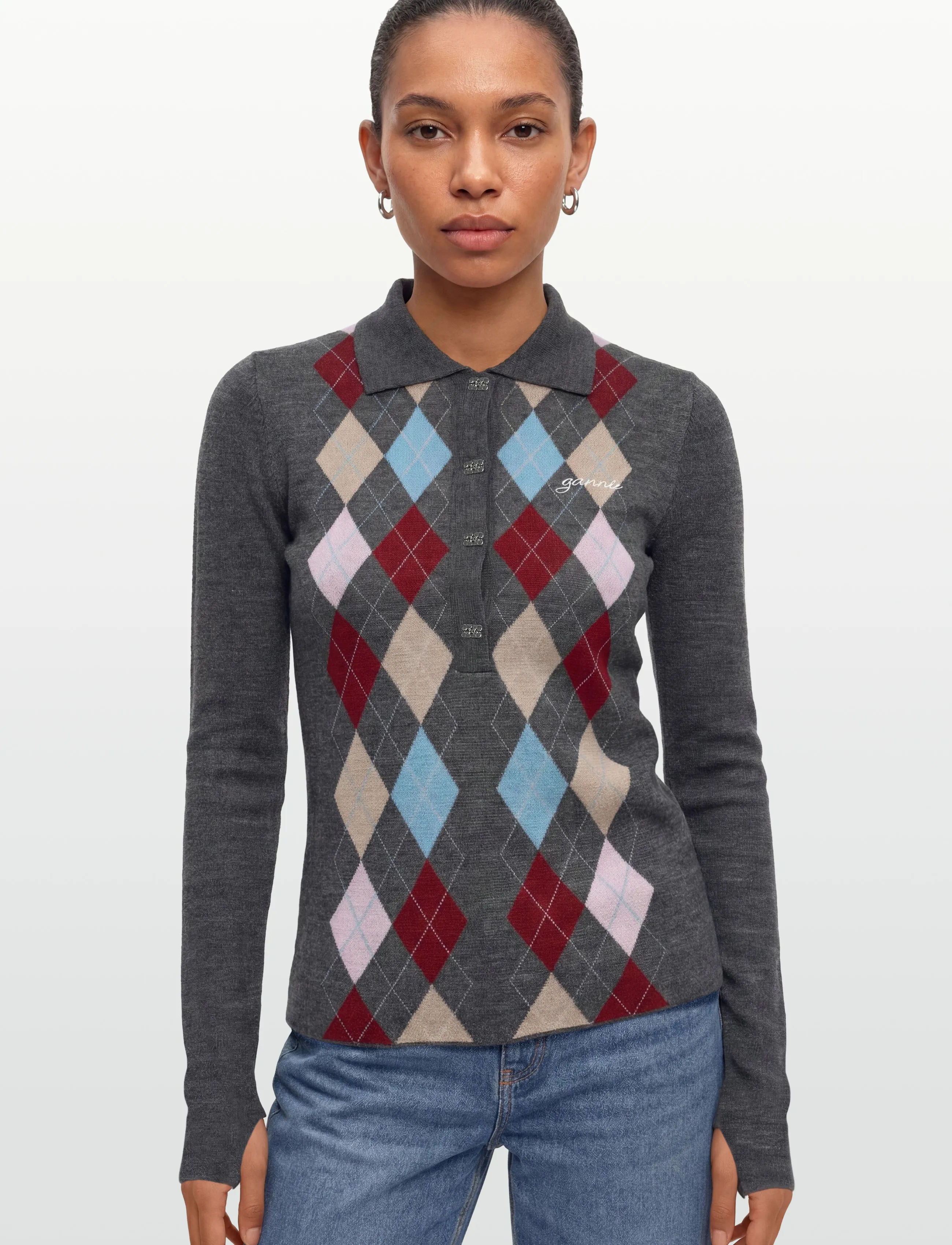 Ganni - Paloma Merino Jacquard Polo Top - pullover - multicolored - 3