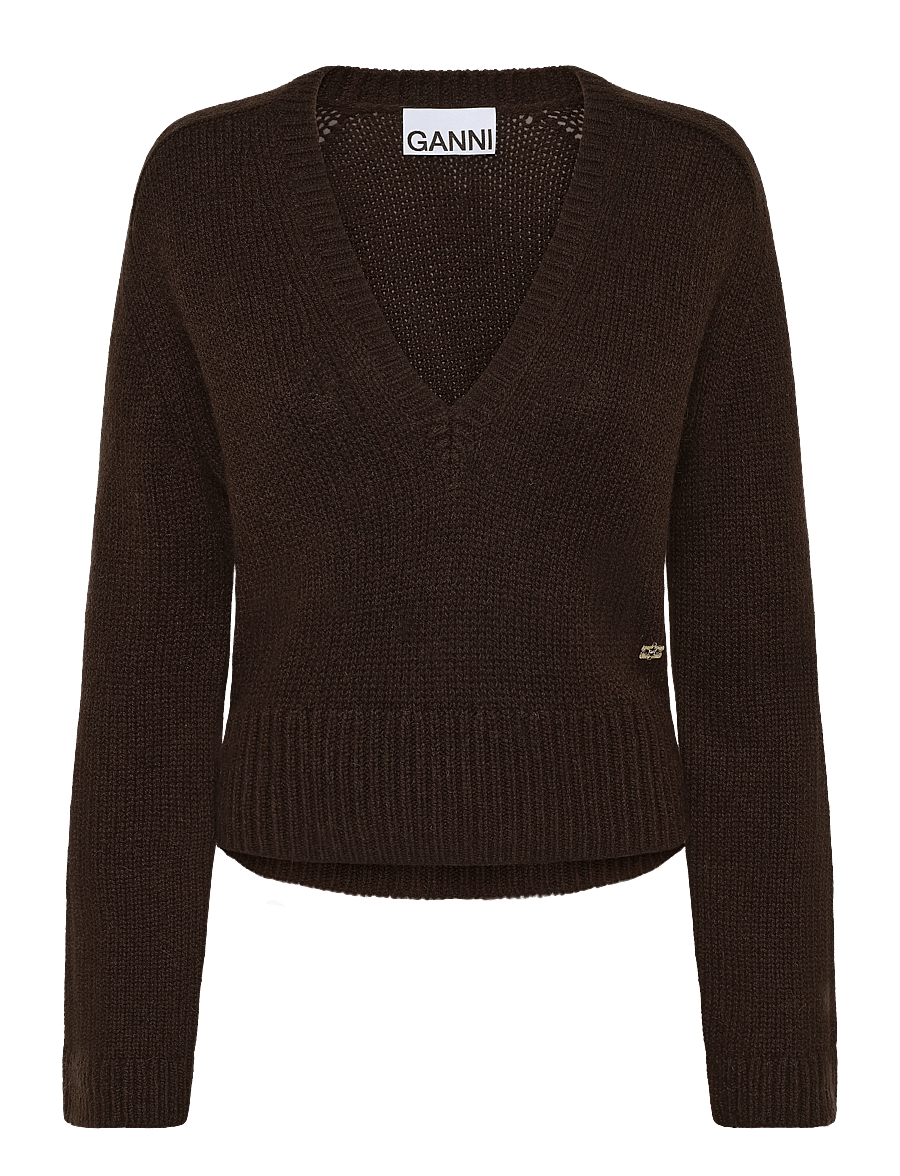 Ganni - V Neck Jumper - striktrøjer - brown - 0