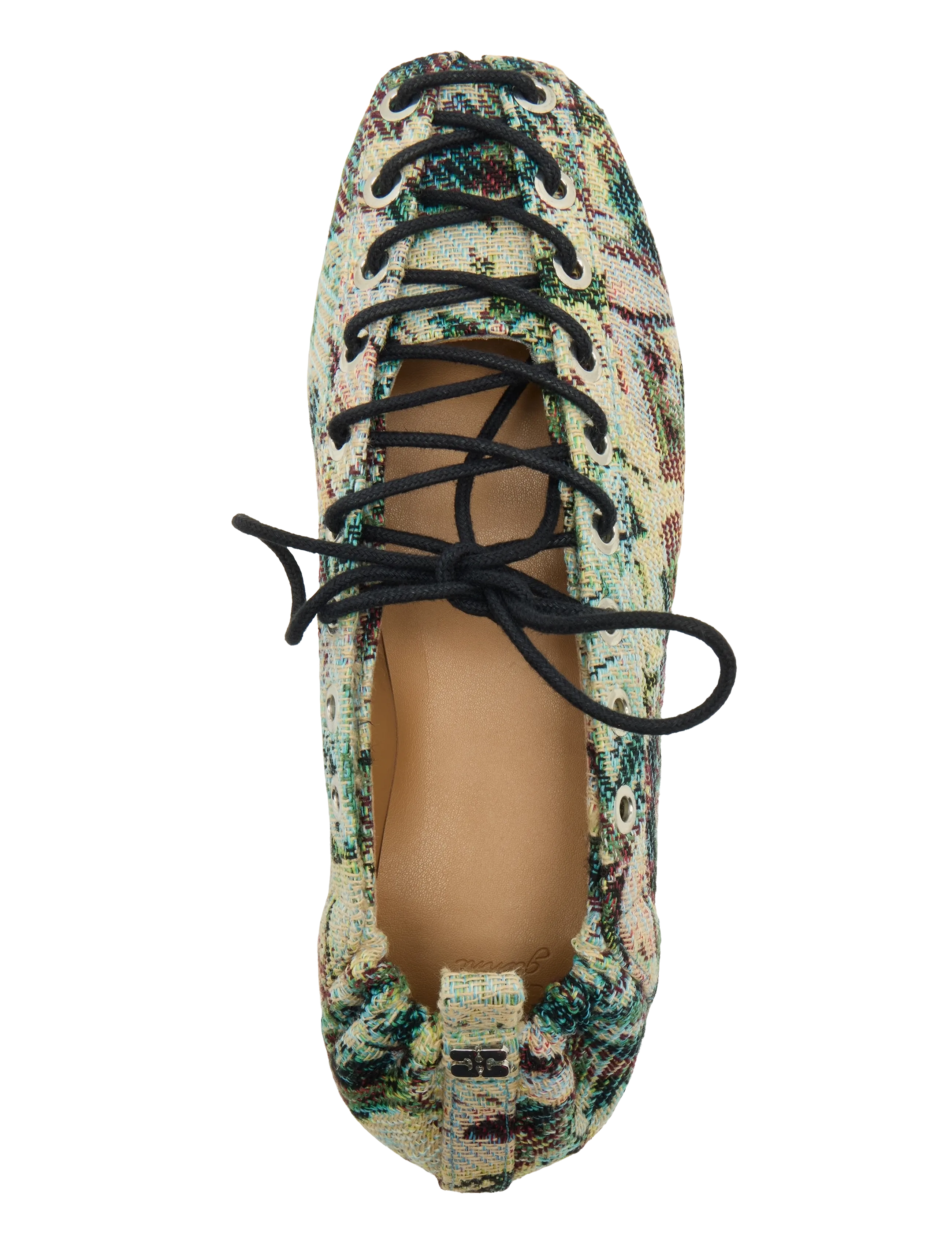 Ganni - Tapestry Effect Lace Up Ballerina Flat - multicolored - 3