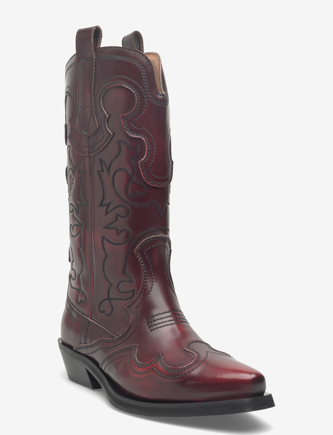 Ganni - Mid Shaft Embroidered Western Boot Brushed - cowboystøvler - burgundy - 0
