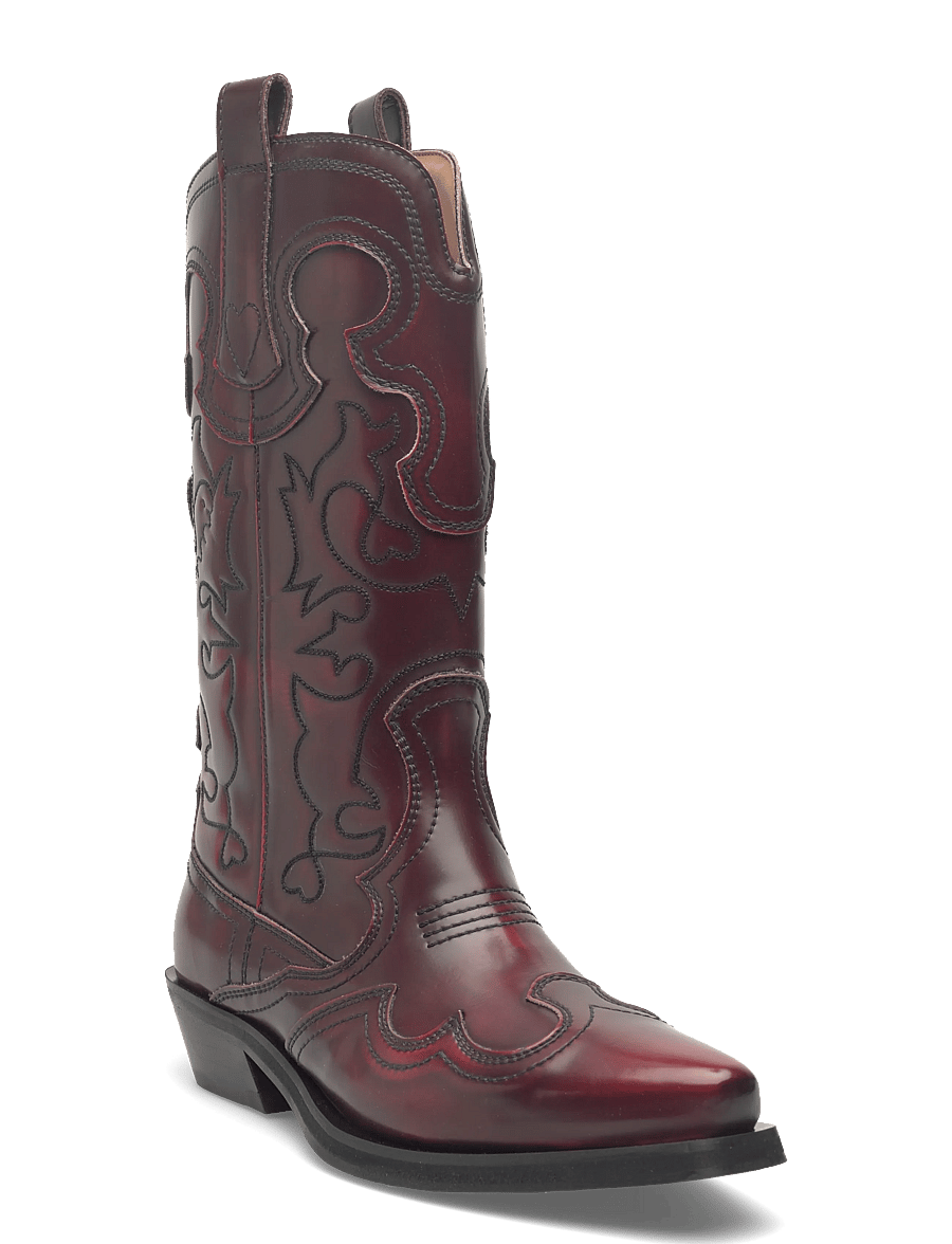 Ganni - Mid Shaft Embroidered Western Boot Brushed - kauboi saapad - burgundy - 0