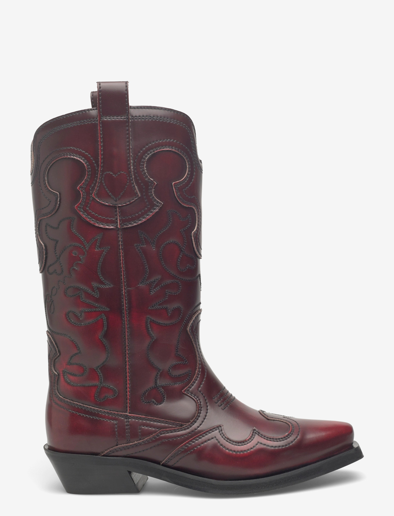 Ganni - Mid Shaft Embroidered Western Boot Brushed - cowboystøvler - burgundy - 1