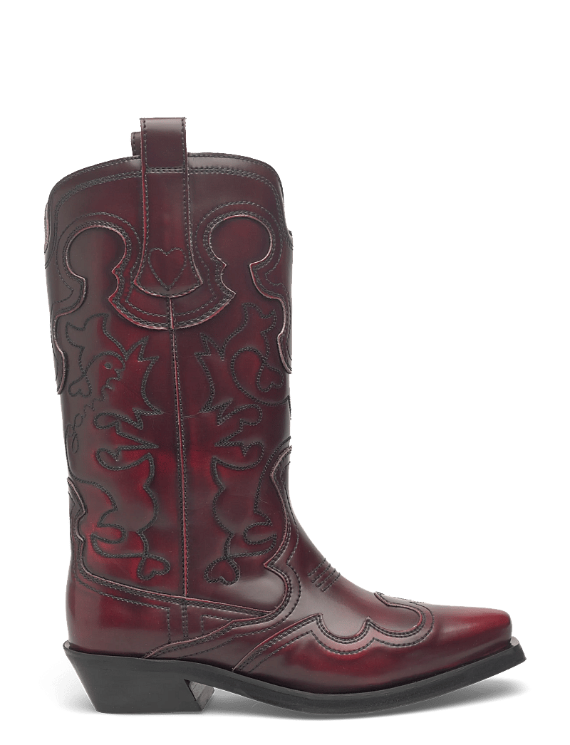 Ganni - Mid Shaft Embroidered Western Boot Brushed - cowboystøvler - burgundy - 1