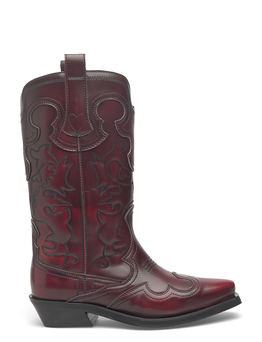 Ganni - Mid Shaft Embroidered Western Boot Brushed - kauboi saapad - burgundy - 1