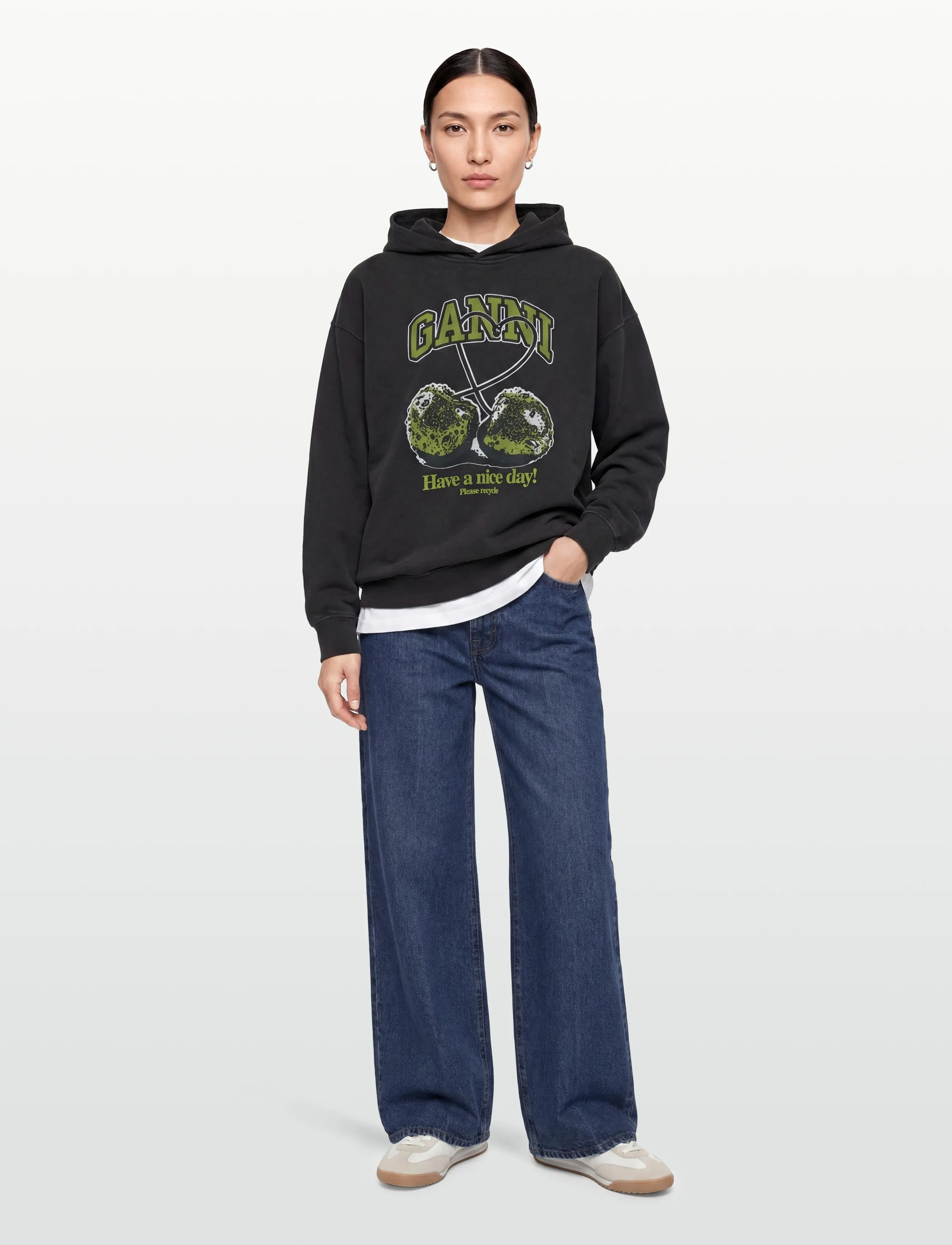 Ganni Cherries Oversized Hoodie, Kvinder, Oversized Hættetrøje, Grå, Str: L/XL
