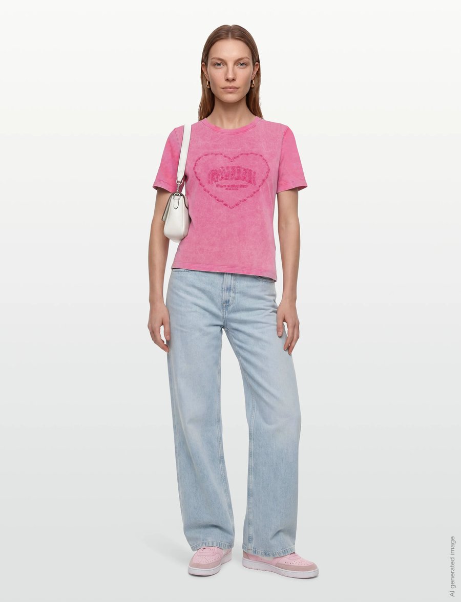 Ganni - Heavy Cotton Heart T Shirt - t-shirts - pink - 0