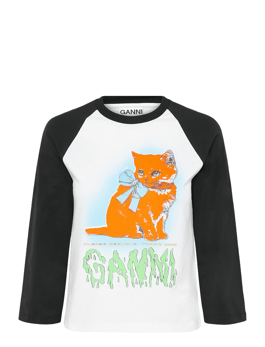 Ganni - Family 3 0 Cat Print Cropped T Shirt - langærmede toppe - white - 1