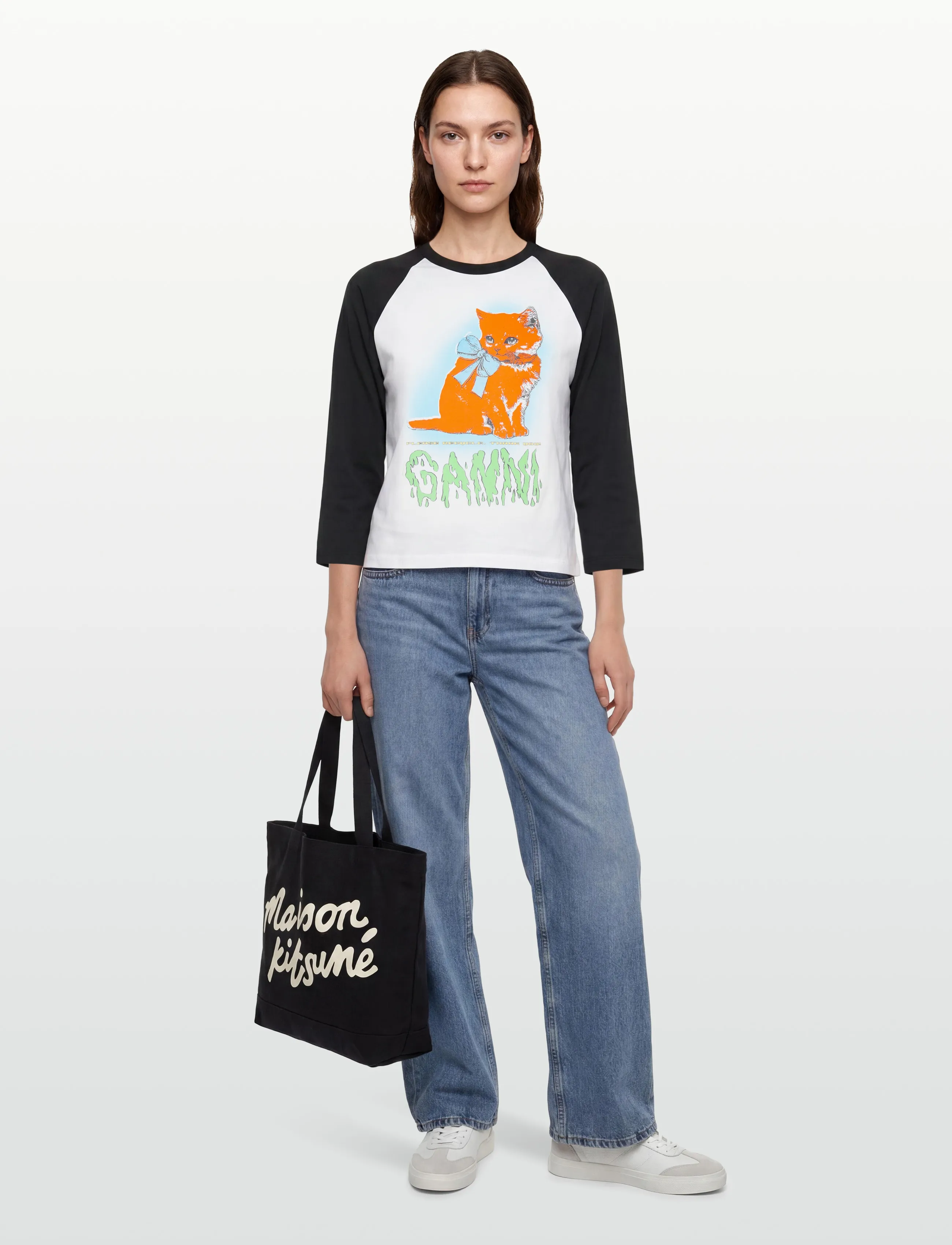 Ganni Family 3 0 Cat Print Cropped T Shirt, S, White, T-Shirts & Toppe > Langærmede, Dame