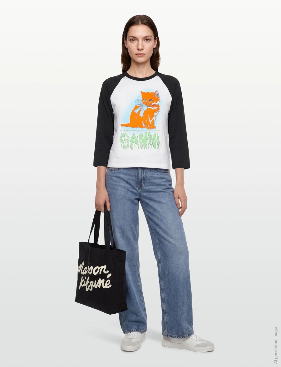Ganni - Family 3 0 Cat Print Cropped T Shirt - langærmede toppe - white - 0