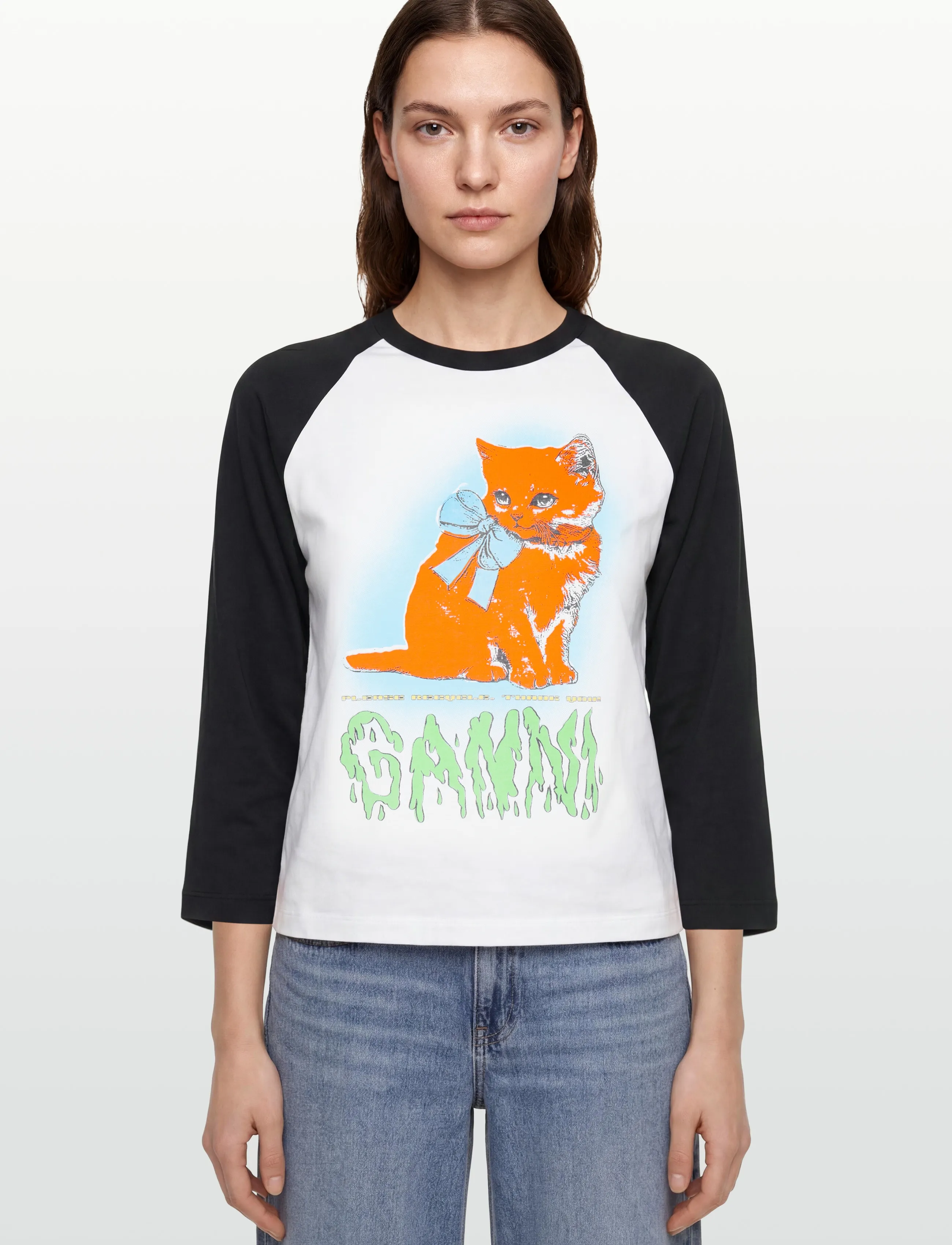 Ganni - Family 3 0 Cat Print Cropped T Shirt - langærmede toppe - white - 3