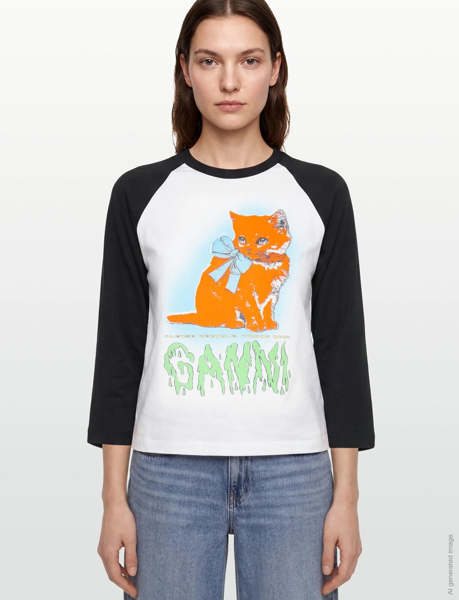 Ganni - Family 3 0 Cat Print Cropped T Shirt - langærmede toppe - white - 3