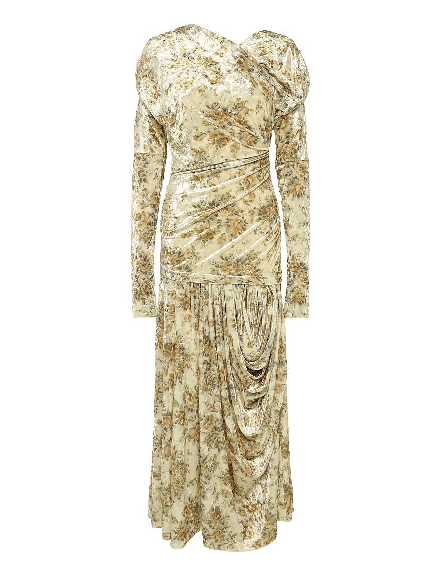 Ganni - Golden Floral Ruched Dress - aftonklänningar - multicolored - 0