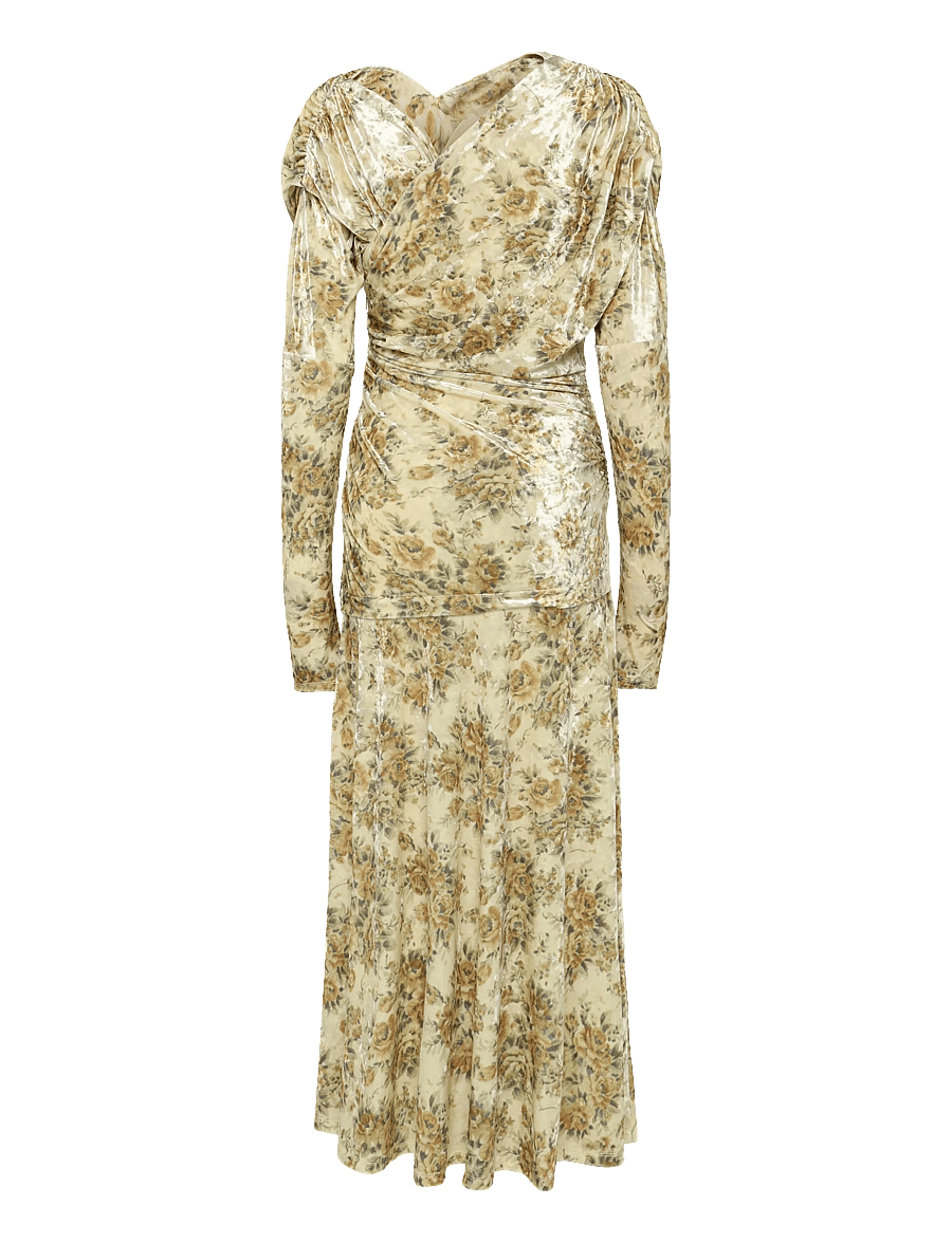Ganni - Golden Floral Ruched Dress - aftonklänningar - multicolored - 1